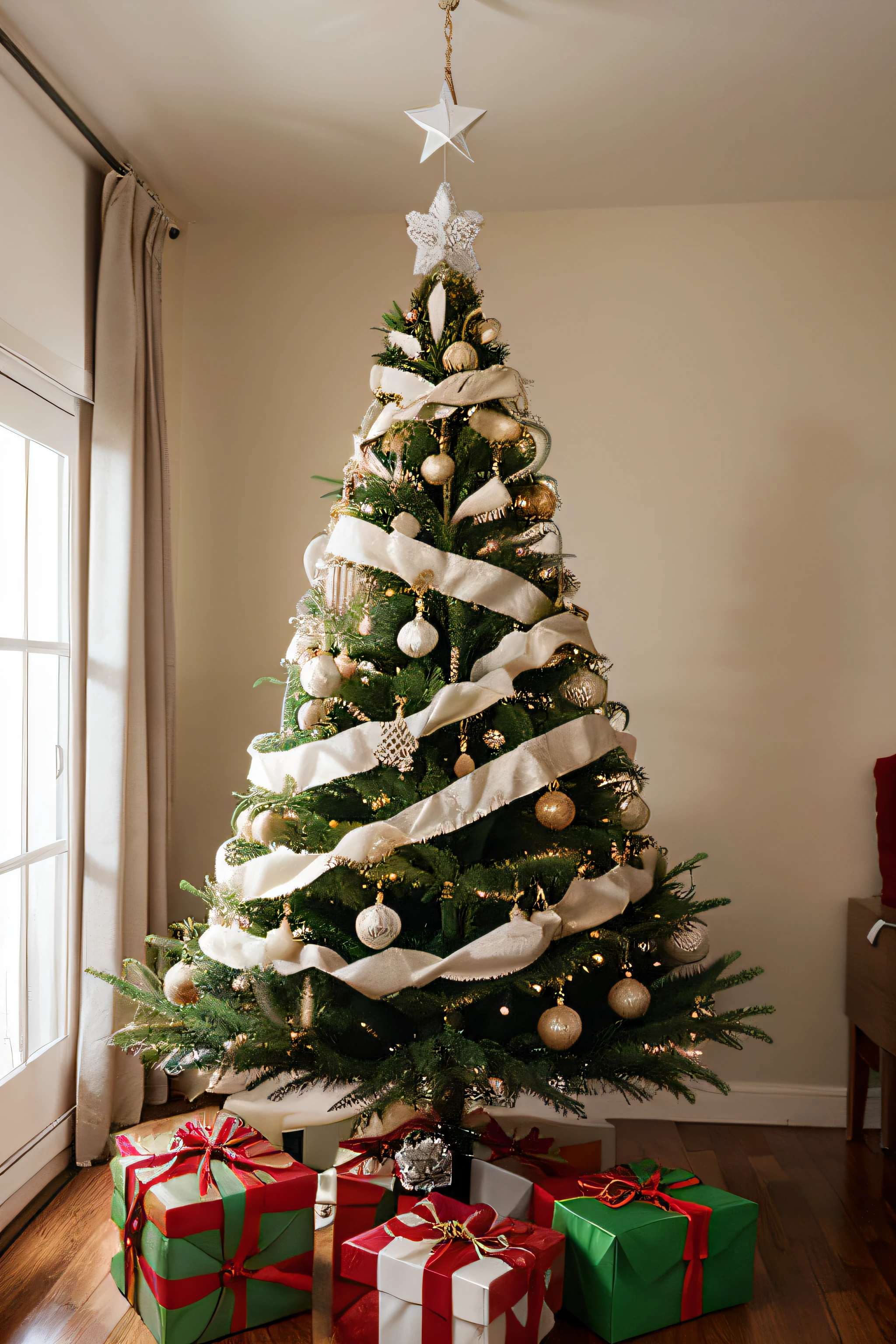 arvore de natal com muitos detalhes e enfeites em um fundo branco