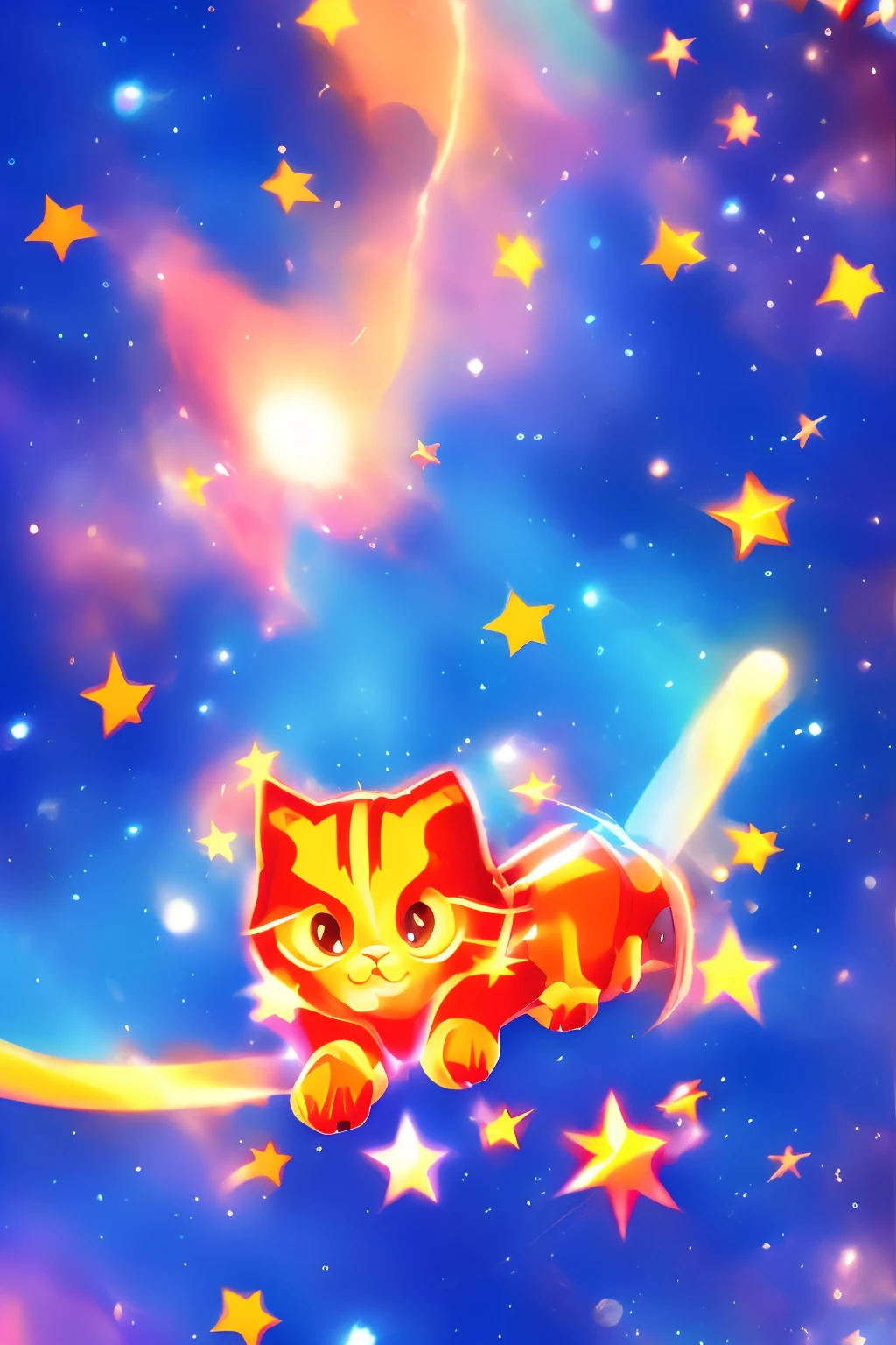 An orange tabby cat in a spacesuit being held by Captain Marvel who is flying through space