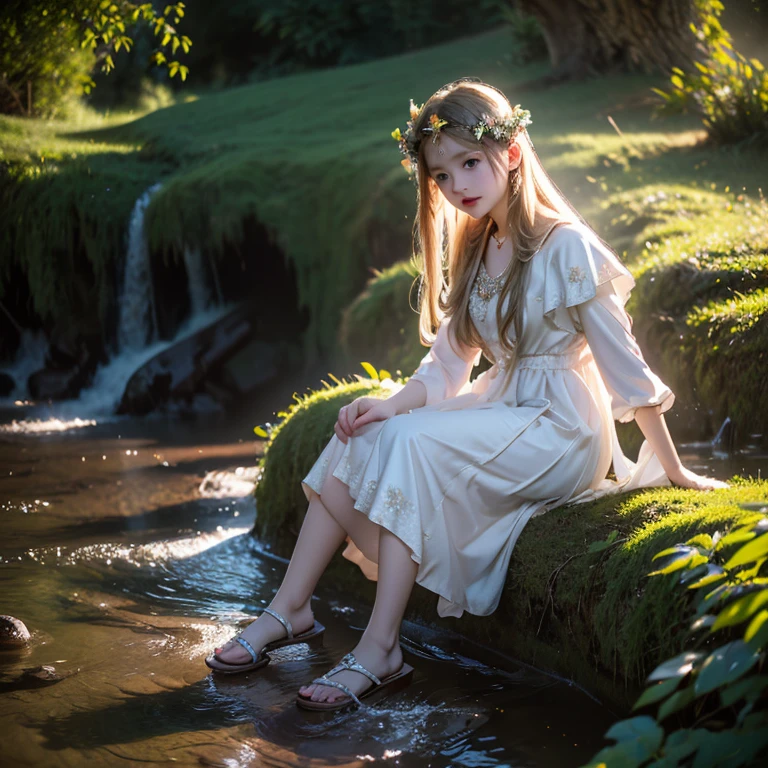 tmasterpiece,Best quality at best,high high quality,extremely detaile,8K,A small stream flows through a mysterious wood,Beautiful girl, elf, (), Blonde, Blue-eyed, hair adornments, (squatt))), (retro dress,White fabric,, ,sandals, ((Close-up of a person, )), Ancient ruins eroded by vegetation, Girl at the water's edge,Magic light, Starry sky, wind blown, Environmental occlusion, Halo