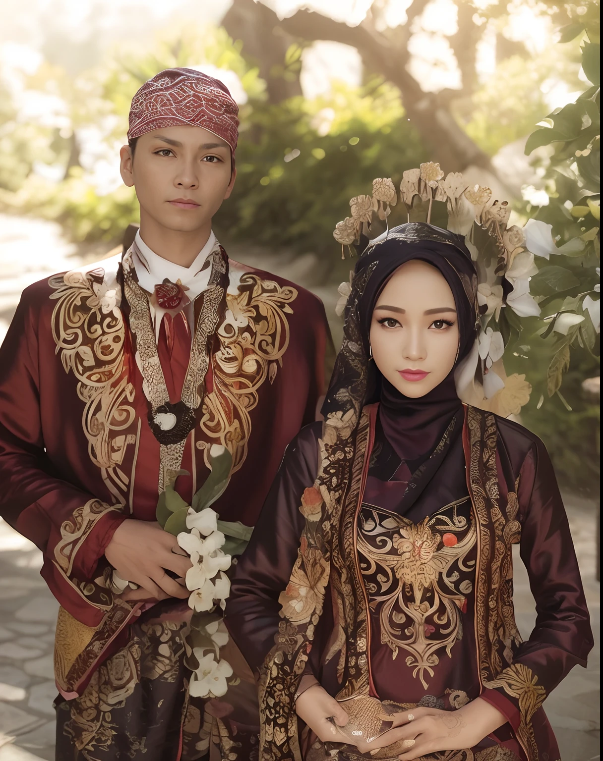 Masterpiece, Best Quality, 3D Rip Artwork, 3DMM Style, Close-up, Portrait, Realism, a woman beautifully makeup, eyeshadow, Parted Lips, Challenge Eye, beautiful big eyes, long eye lashes, wearing ((red and black satin headscarf)), loosely tide hijab style, (( batik satin shirt)), ((batik satin long maxi skirt)), strolling on a trail in the spring, garden, river