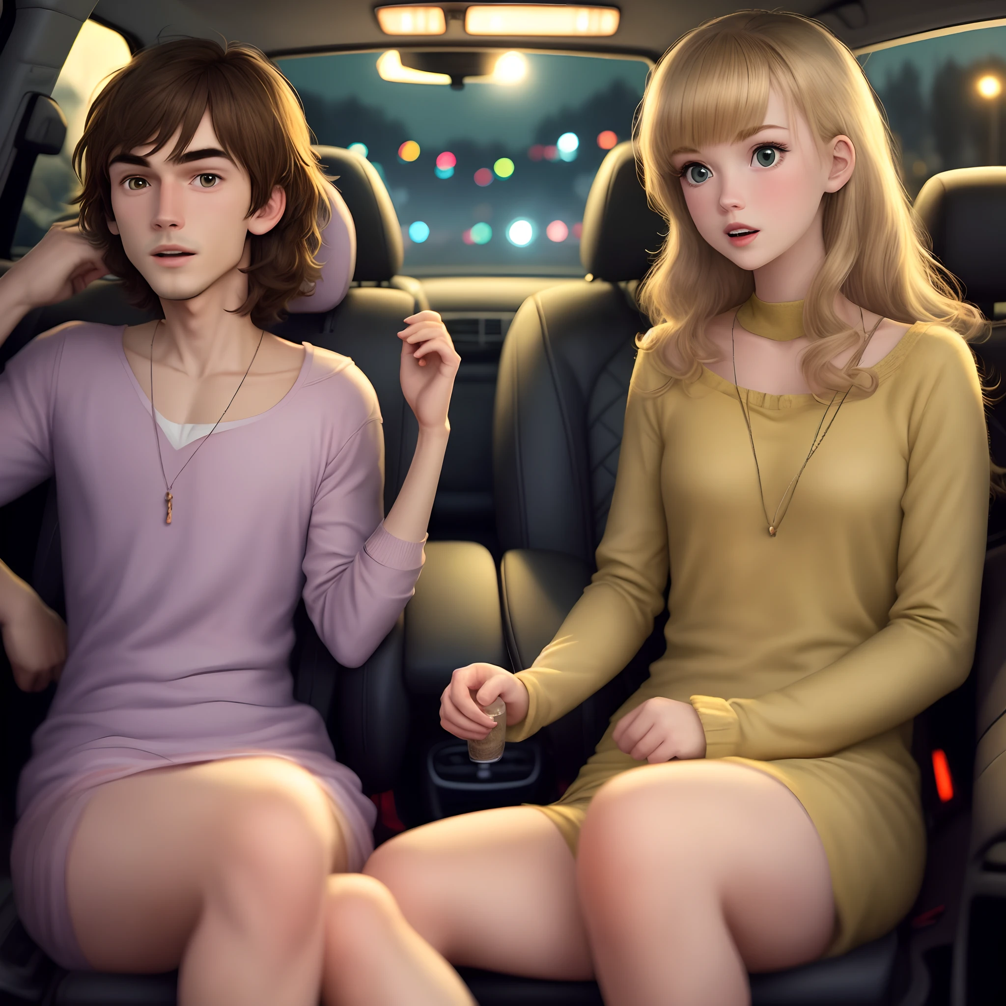 Brown haired guy in shaggy costume in car with a blonde girl in a scooby doo costume at night Pixar animation