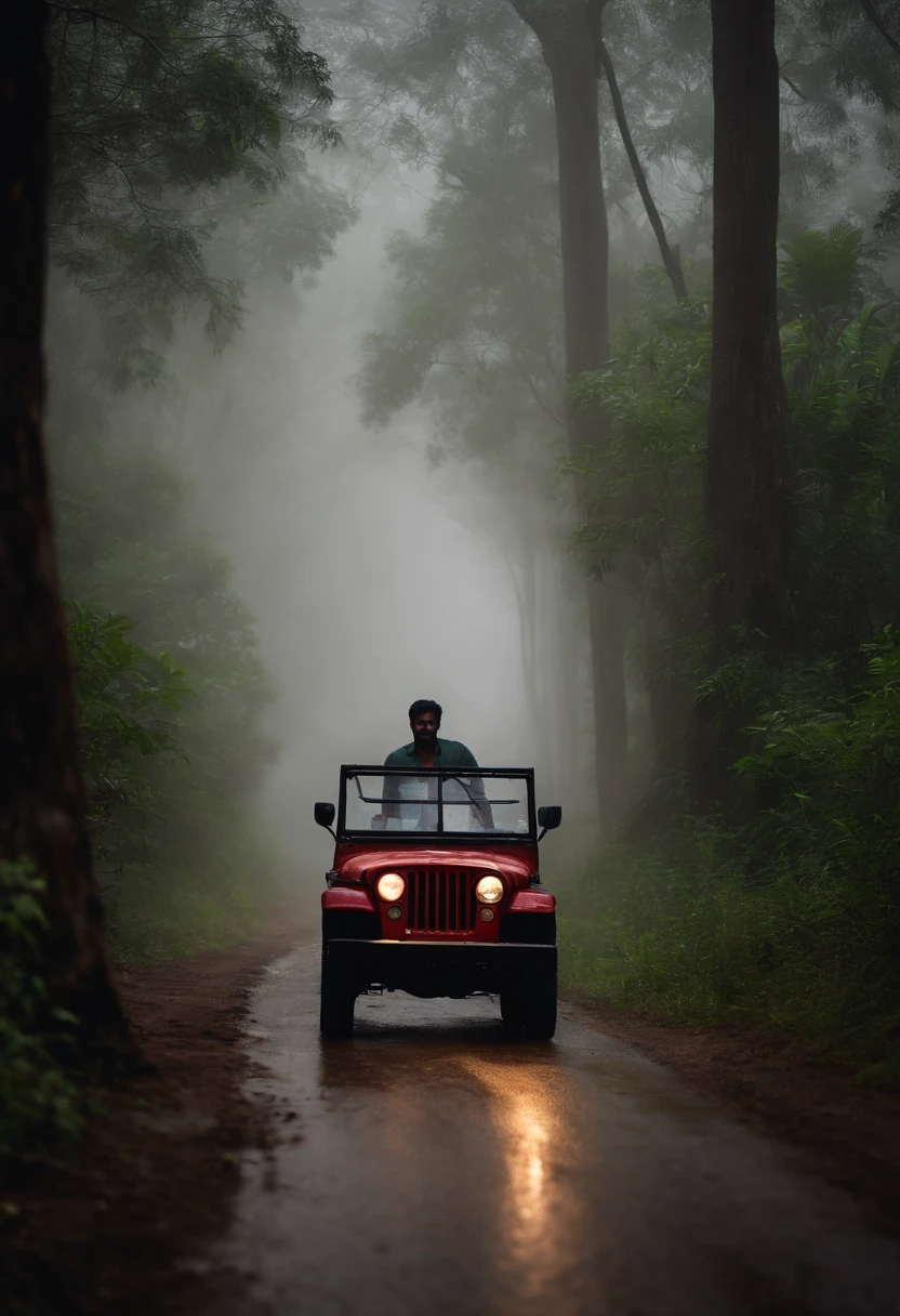 South indian man driving Thar jeep in rainy fogy forest wearing shirt black hair
