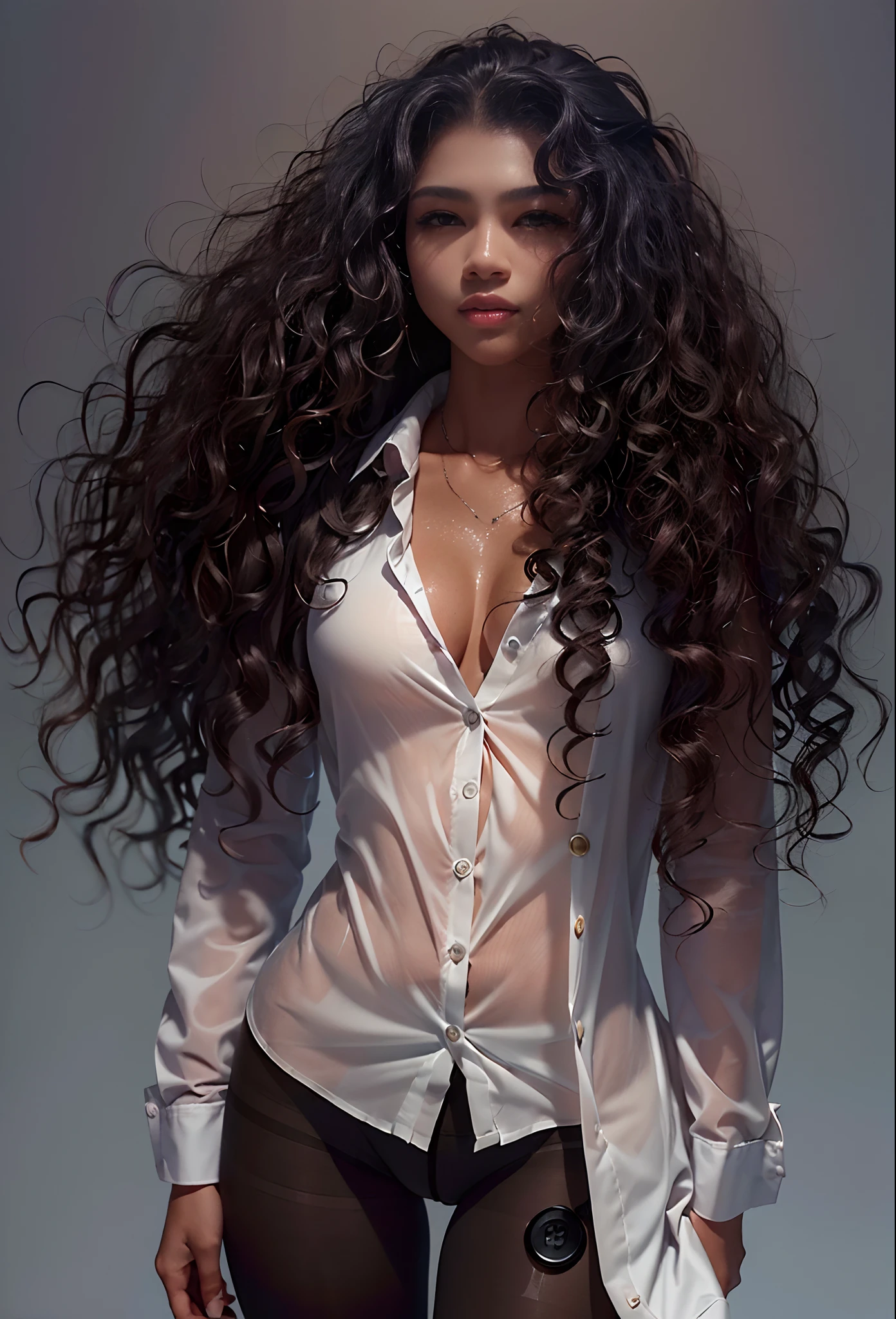 ((21-year-old))), mixed black girl, (((light skin))), (((full body pose))),  (((long curly black hair))), (((wearing only a mans long, white, button-up shirt, unbuttoned))), (((seamless, black, pantyhose under the shirt))), dark fantasy, Rich, Deep Colours, (intricate details:0.9), (HDR, hyper-detailing:1.2), (natural skin textures, hyper realisitc, glistening skin, soft light, Sharp),