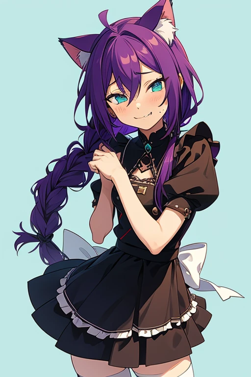 long hair, mole under mouth, purple hair, single braid, hair between eyes, aqua eyes, sharp teeth, ahoge, 1girl, blush, smile, cowboy shot, ****, ***********, petite, maid outfit, cat ears, catgirl, cat tail