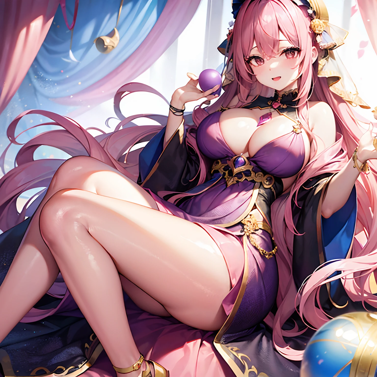 Wavy pink hair、One Woman、doress、Dress robes、Long skirt、fortune teller、Adults、large full breasts、adult-like、Purple Dress、Holding a crystal ball、Sexy look、without background