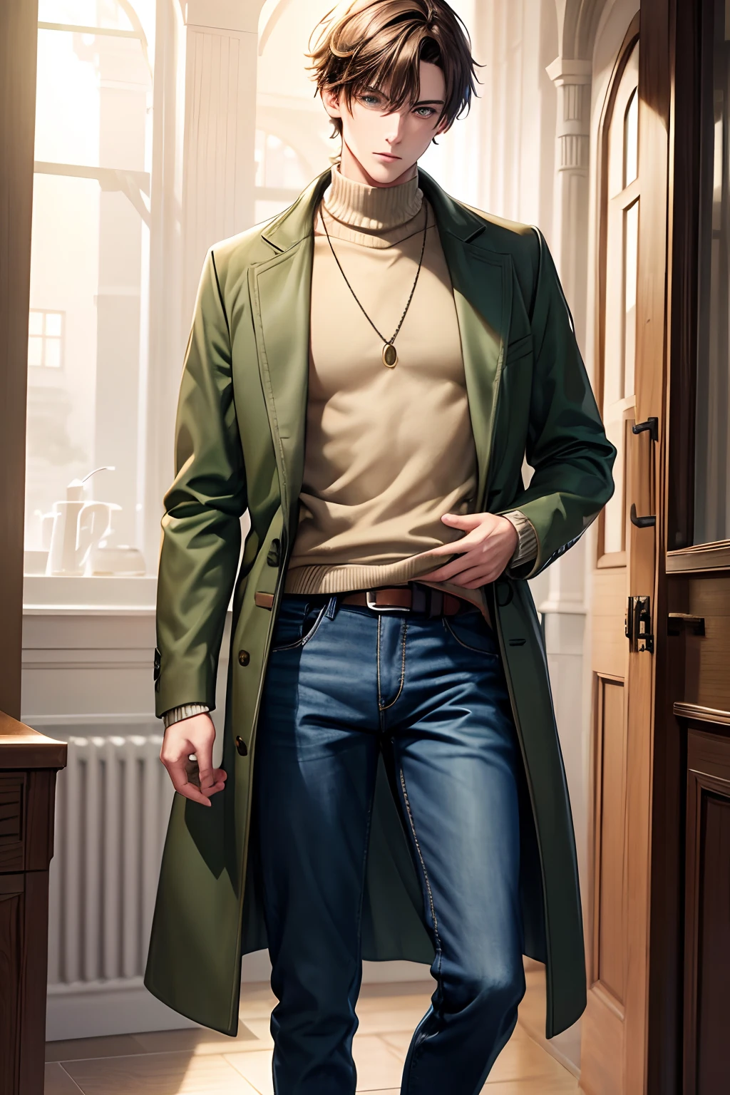 Masterpiece, Best Quality, guy, 1 male, green colored eyes, Medium build, Short Hair Hair, hair light, Height 180 cm, in full height, Beige sweater, blue jeans, black boots, Hands Behind Your Back,