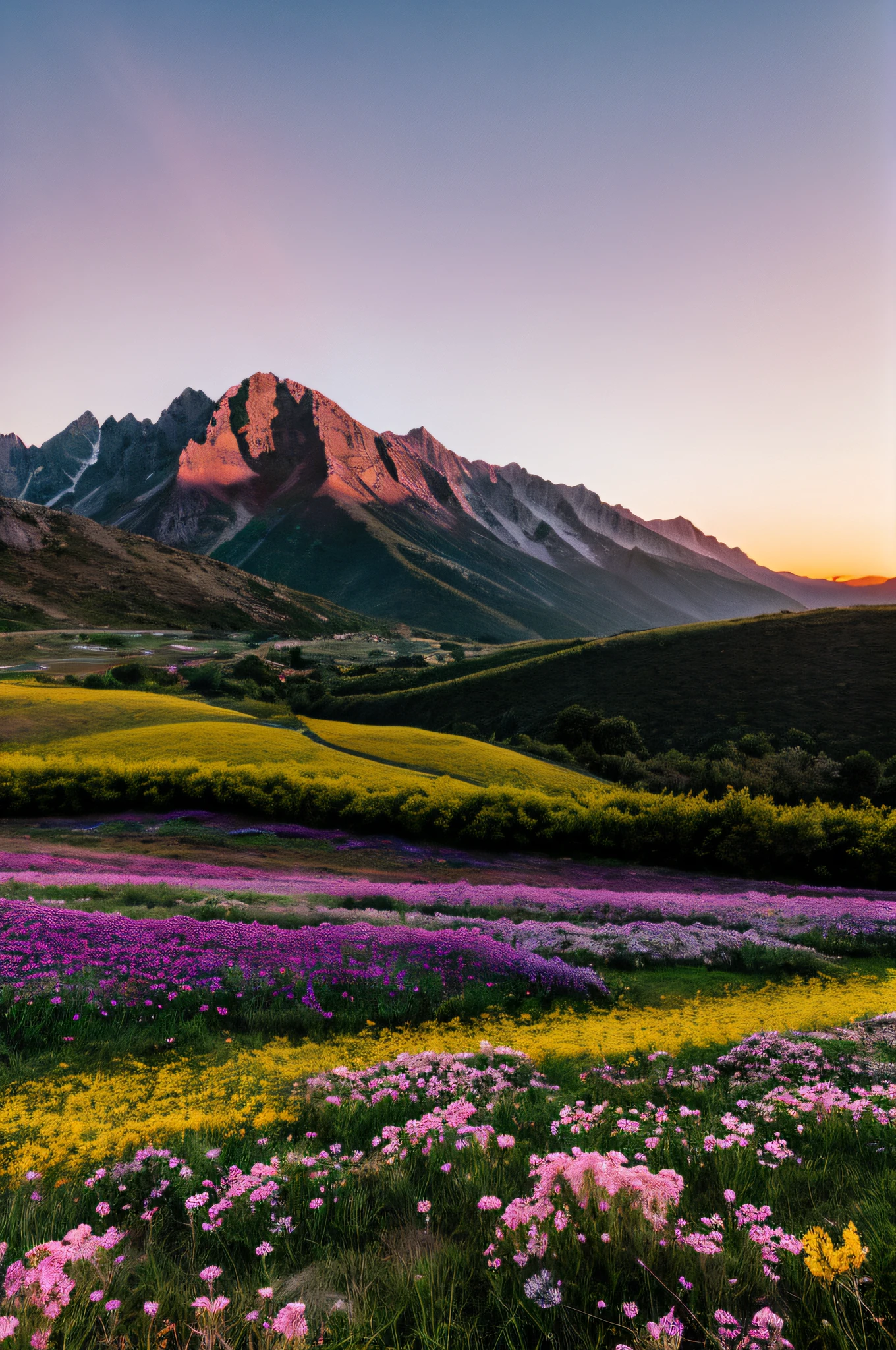 Mountain Lights Background in A Really Beautiful Field With Flowers At Sunset 4k Mega Realistic