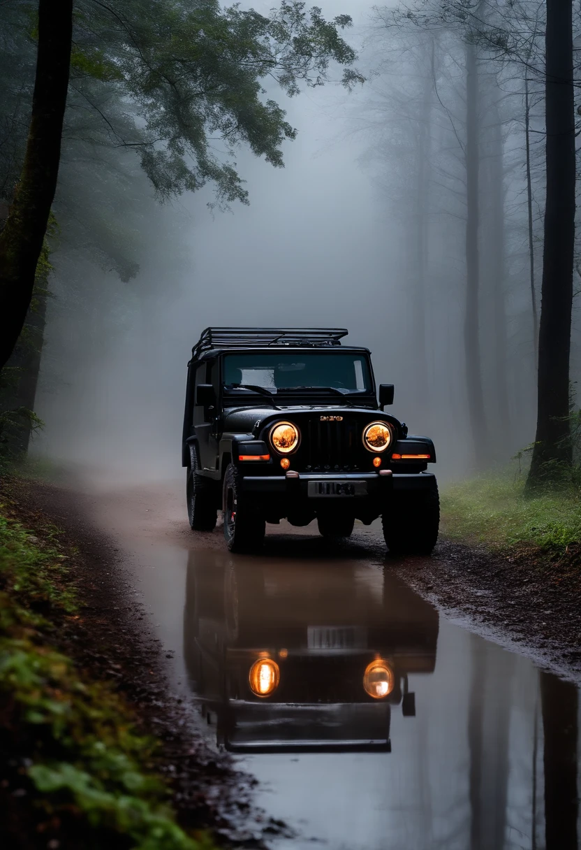 Thar black  jeep in rainy fogy forest , --realistic , headlight on, spreading water