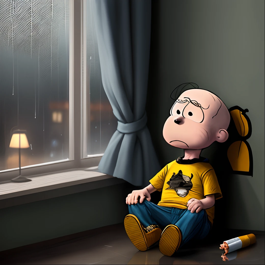 charlie brown smoking a blunt in depressing clothing. he’s sitting in a room with the street lights outside the window lighting the room. it is raining outside