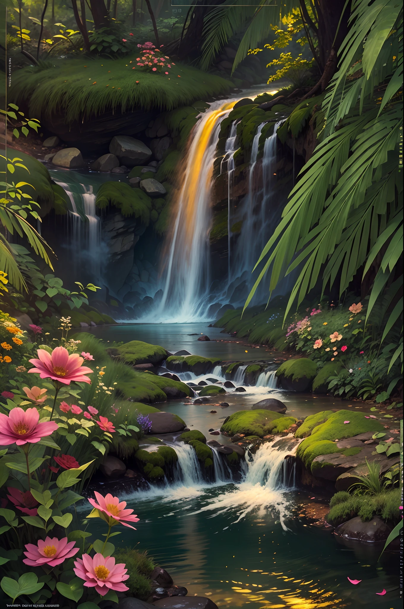 rivulets,rainbowing,jungles,Flowers,mountain spring,steamy,(smooggy),fawn,vibrant with colors,Water surface reflection,Real light,super-fine,Hyper-realistic,Ultra photo realsisim,tmasterpiece,8K,on focus,Bokeh,Detailed pubic hair,Hyper-detailing,high qulity,High definition,cinematic perspective