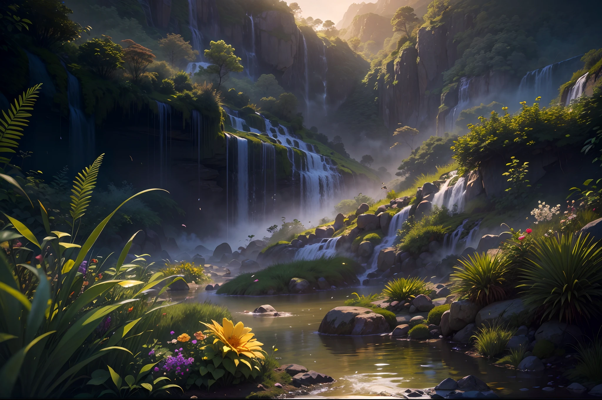rivulets,rainbowing,jungles,Flowers,mountain spring,steamy,smog,Immortal,vibrant with colors,Water surface reflection,Real light,super-fine,Hyper-realistic,Ultra photo realsisim,tmasterpiece,8K,on focus,Bokeh,Detailed pubic hair,Hyper-detailing,high qulity,High definition,cinematic perspective