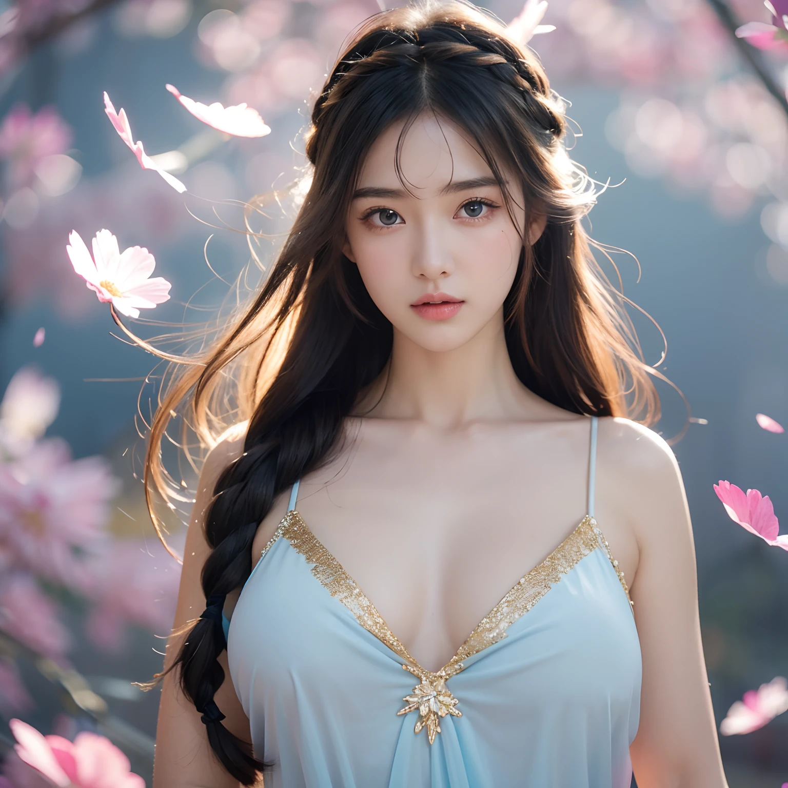 finest image, (8k, RAW photo, realistic), detailed and delicate depiction and flashy and dynamic painting method, beautiful cute woman, sparkling blue big eyes, long eyelashes, double eyelids, light brown flowing layered braided bangs hair, amorous expression, lewd expression, huge breasts, abs, slender, perfect proportion, red alluring moist big thick lips, large loose fluffy girly camisole dress, blurry background fantasy, falling petals, iridescent golden particles