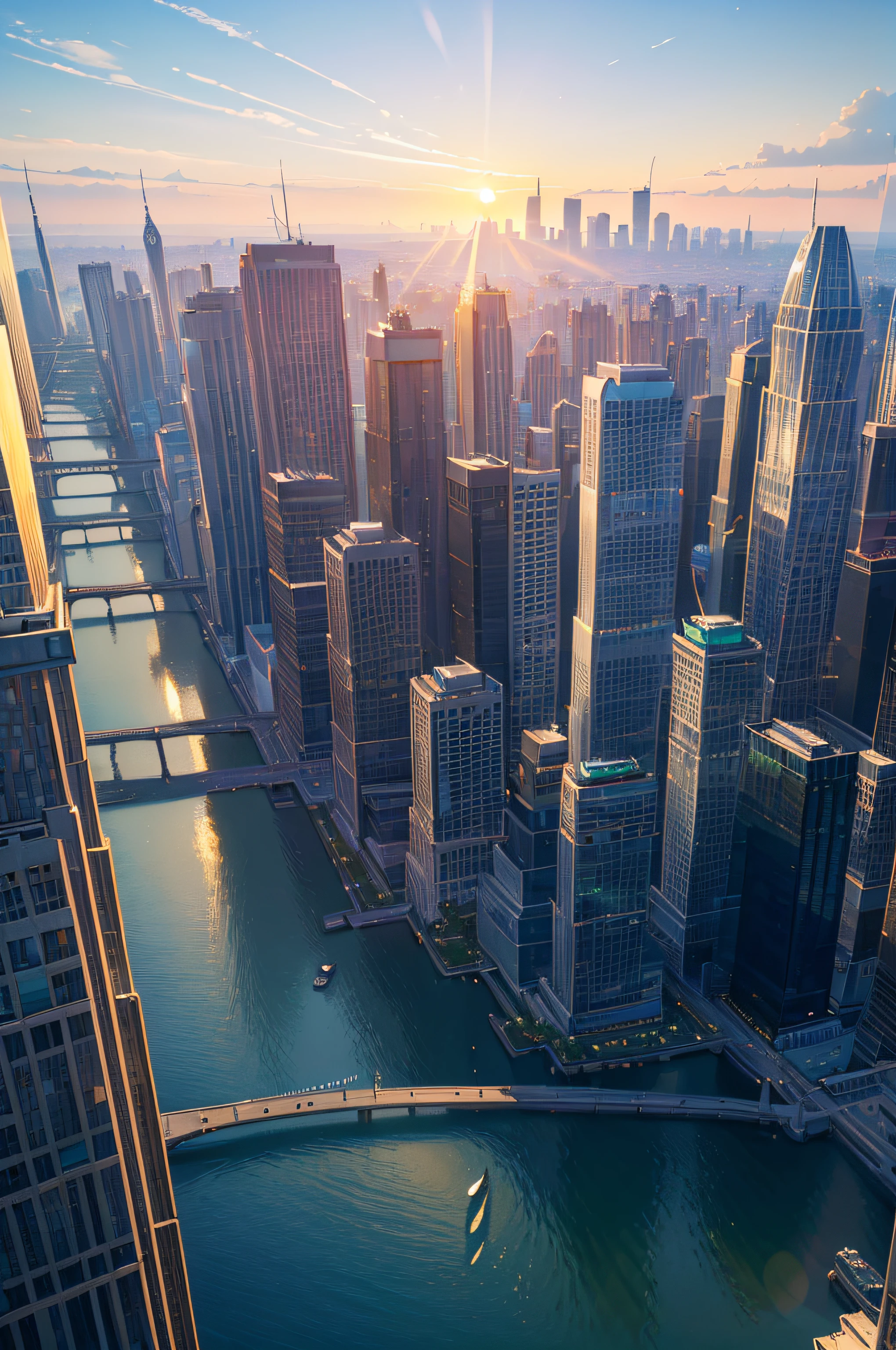 (best quality,4k,8k,highres,masterpiece:1.2),ultra-detailed,(realistic,photorealistic,photo-realistic:1.37),cityscape,sunrise,skyscrapers,reflection in water,dreamy atmosphere,golden light,peaceful,serene,quiet,majestic,silhouette of buildings,soft colors,morning haze,gentle breeze,calm river,urban landscape,light and shadow play,tranquil,stillness,early morning glow,urban jungle,horizon,bird's-eye view,rooftop gardens,metropolis,bustling streets,quiet roads,sleeping city,emerging daylight,ray of sun,awakening,serenity amidst chaos,hope,beginning of a new day,city awakening,serene beauty