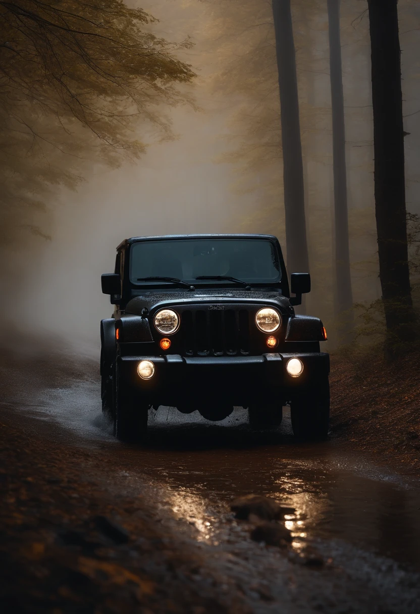 Thar black  jeep in rainy fogy forest , --realistic , headlight on, spreading water -8k -moving