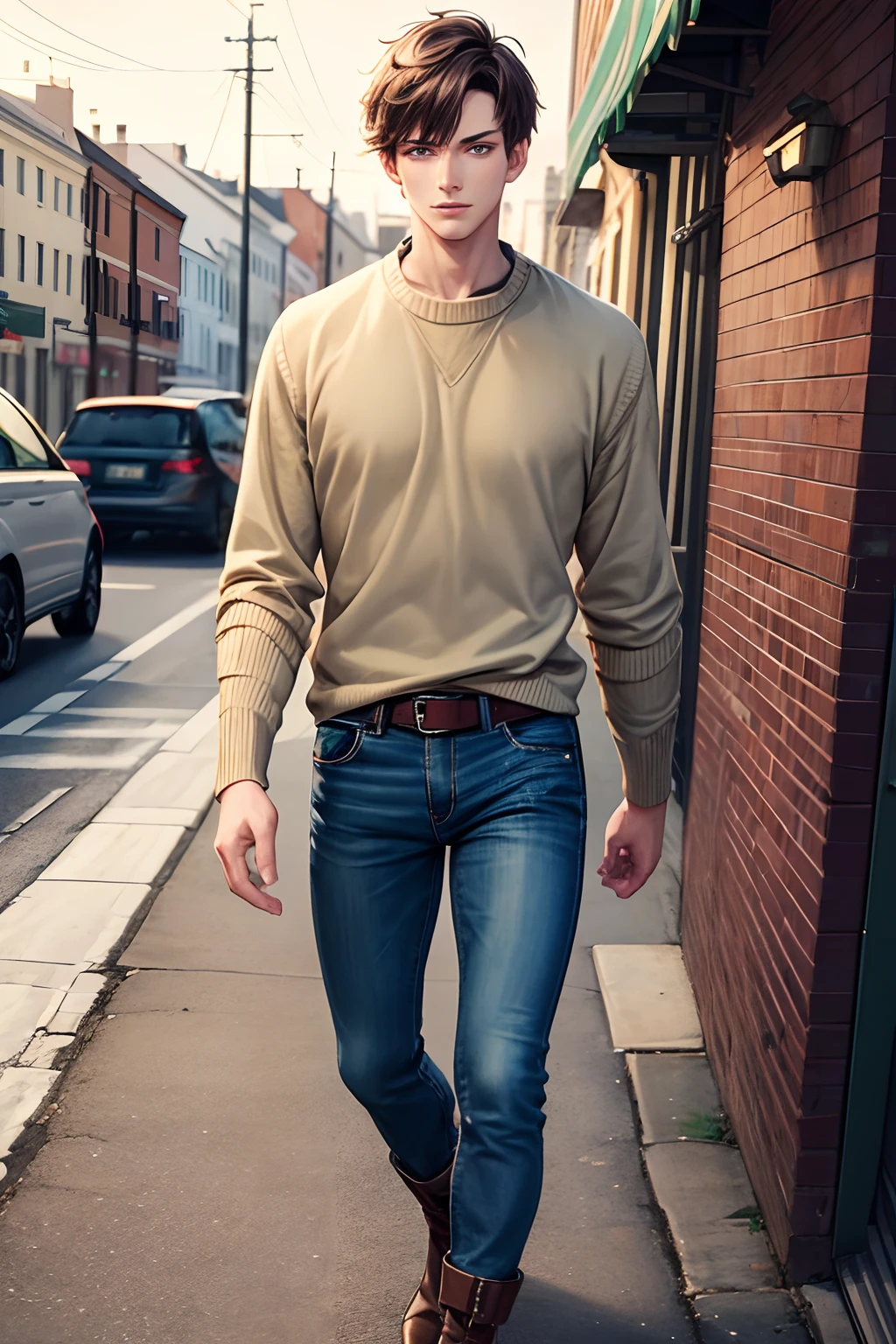 Masterpiece, Best Quality, guy, 1 male, green colored eyes, Medium build, Short Hair Hair, Brown hair, Height 180 cm, in full height, Beige sweater, blue jeans, black boots, Hands Behind Your Back, shingle, Very short, Hair 3 cm