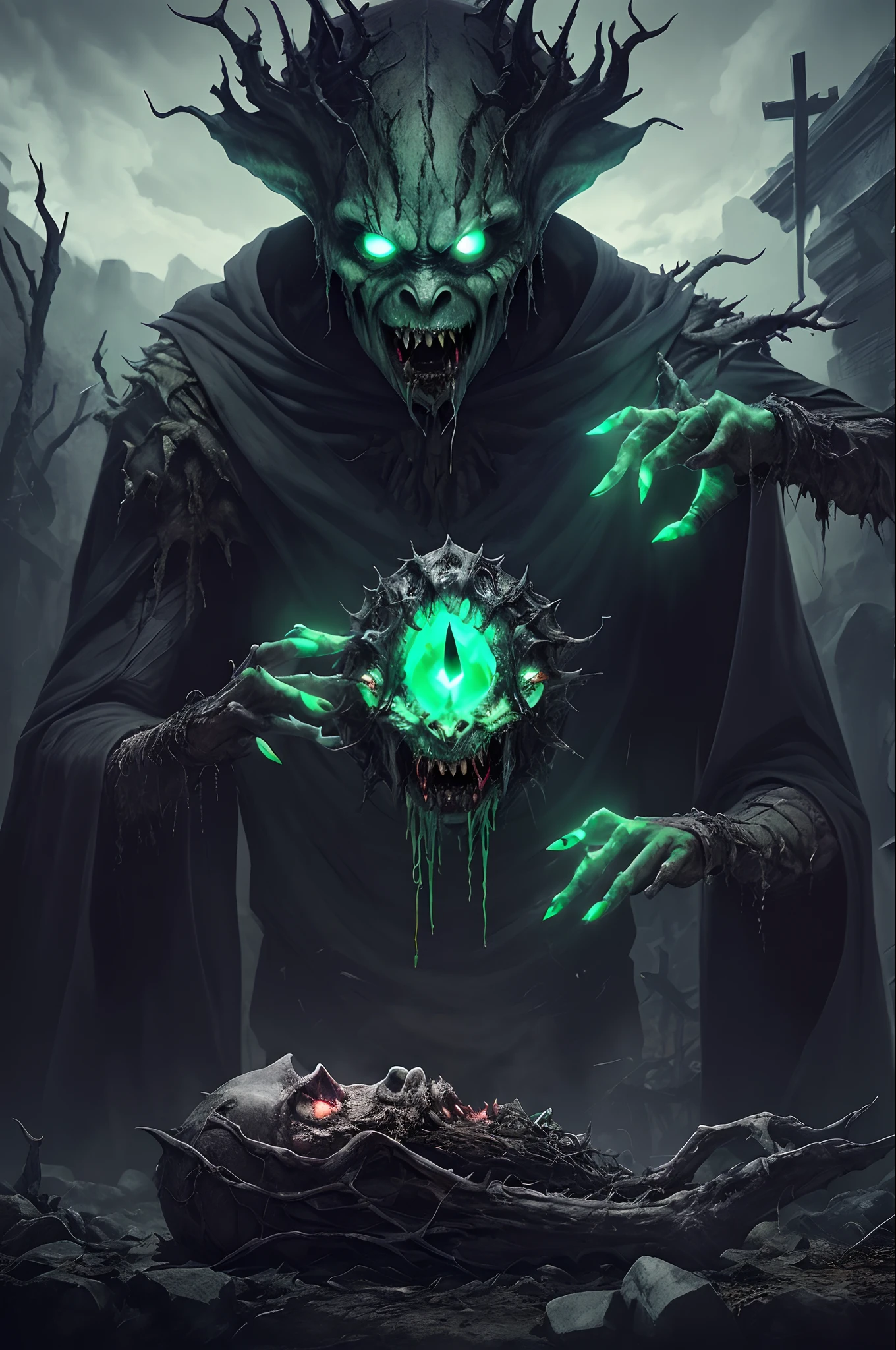 Horrid beings , fetid, Nightmare, open grave, Black magic, Ritual, Deserted, Ominous, Dark flame, cursed, ghost, Black and white, vintage, Black mirror, Occult, master piece, highly detailed, gaunt face, sunken eyes, tormented scream, anguish, pain, infernal green fire, darkness
