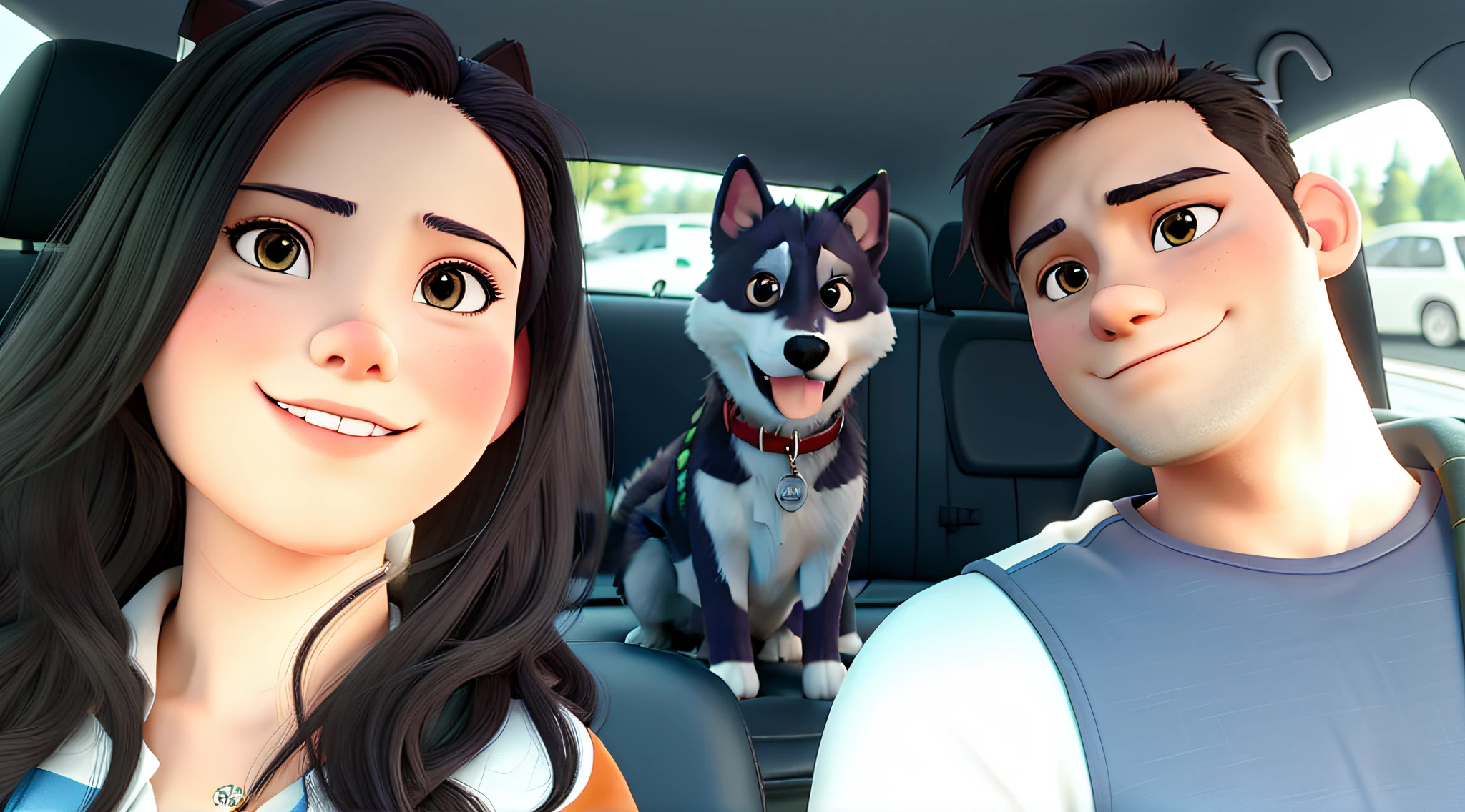 realista, Couple in front and husky dog in the background