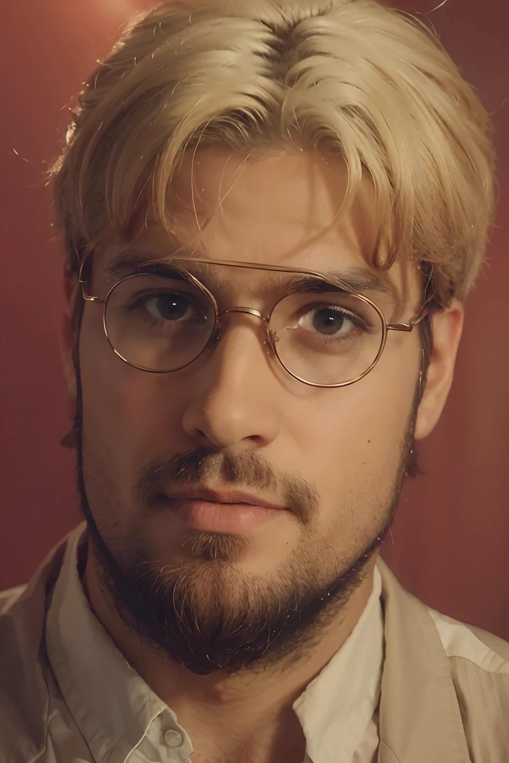 Retrato close up de um homem adulto usando oculos, barba e cabelos loiros.