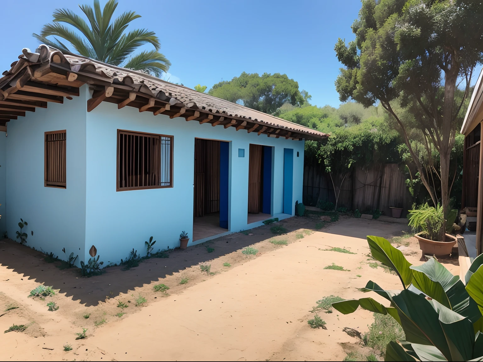 backyard with dirt floor, house in reínas, vegetation on the side, blue sky