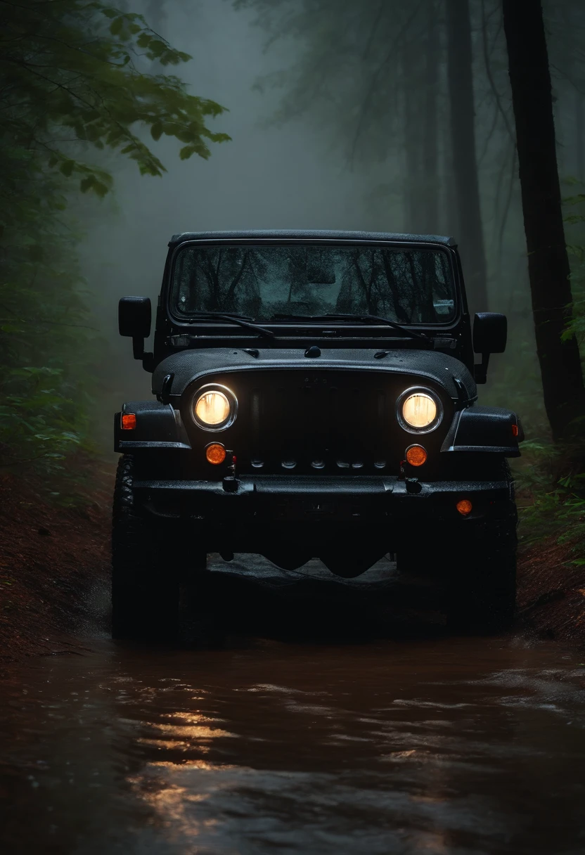 Thar black  jeep in rainy fogy forest , --realistic , headlight on, spreading water -8k -moving