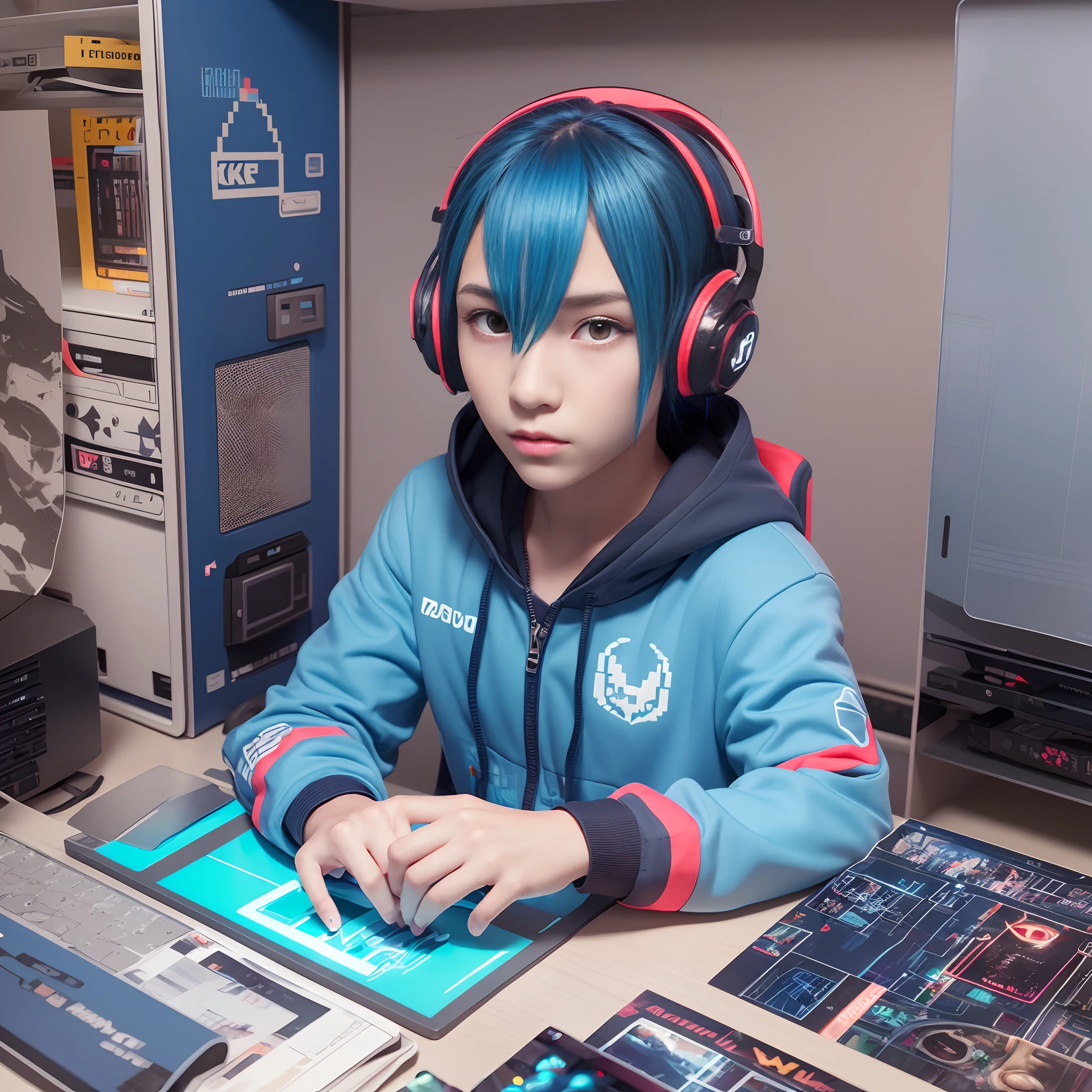 Avatar image for game developer boy in blue colors who make games on pc in pixel style neon 8k - --auto --s2