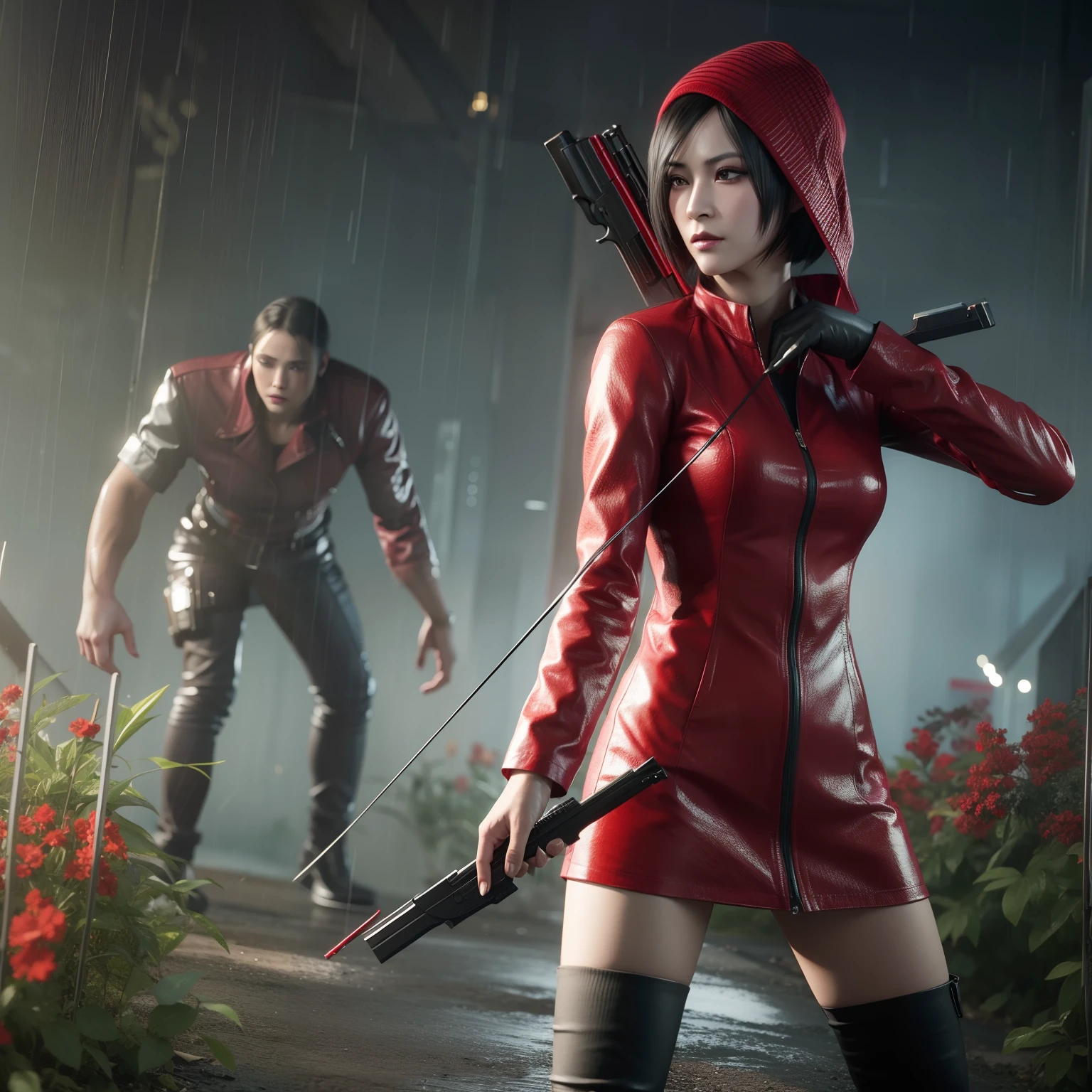 HD, ada wong, beautiful face, bob hair, red coat with black nail polish, glare, holding a gun