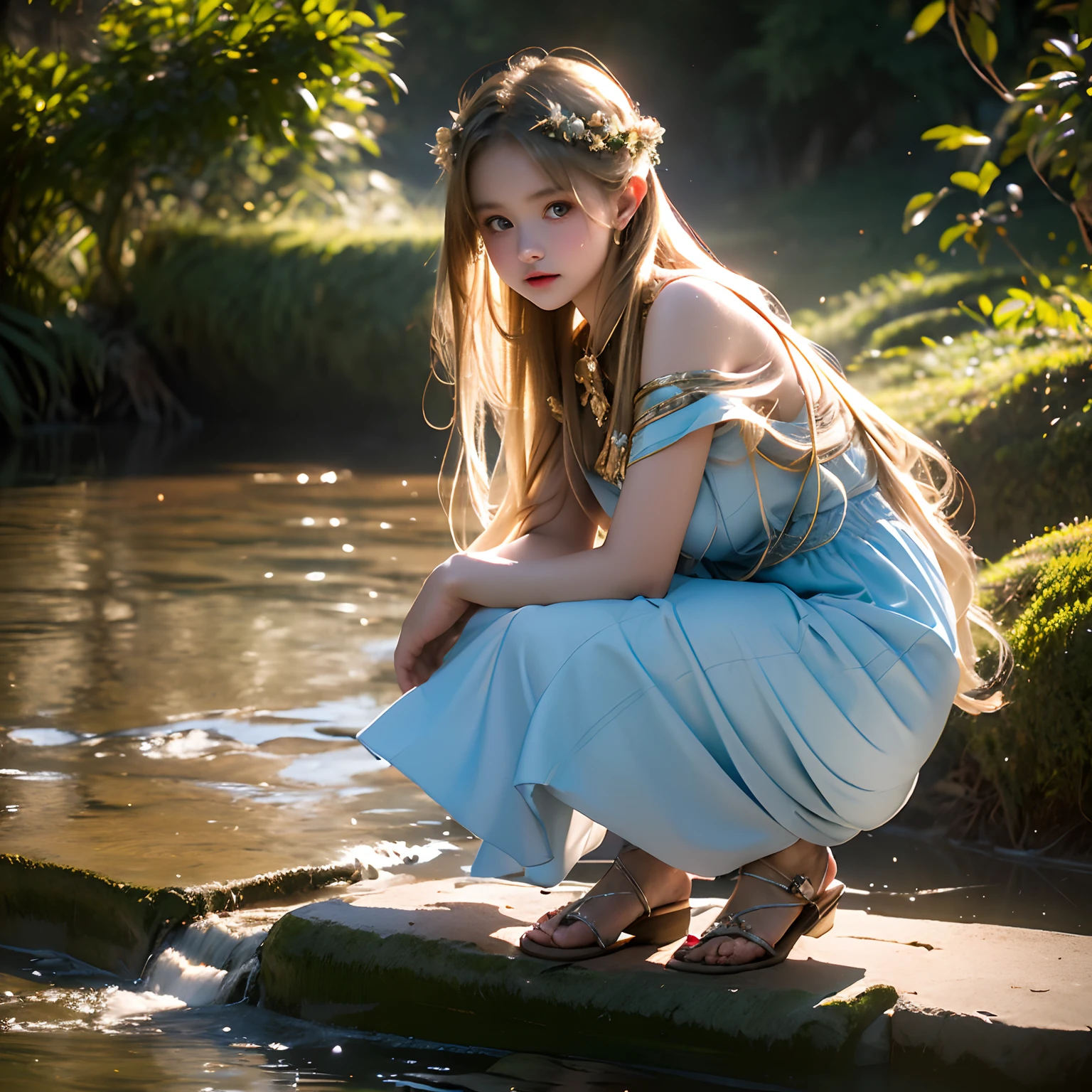 tmasterpiece,Best quality at best,high high quality,extremely detaile,8K,A small stream flows through a mysterious wood,Beautiful girl, bit girl, (), Blonde, Blue-eyed, hair adornments, (((squatt))), (retro dress,White fabric,, ,sandals, ((Close-up of a person, )), Ancient ruins eroded by vegetation, Girl squatting at the water's edge,Magic light, Starry sky, wind blown, Environmental occlusion, Halo