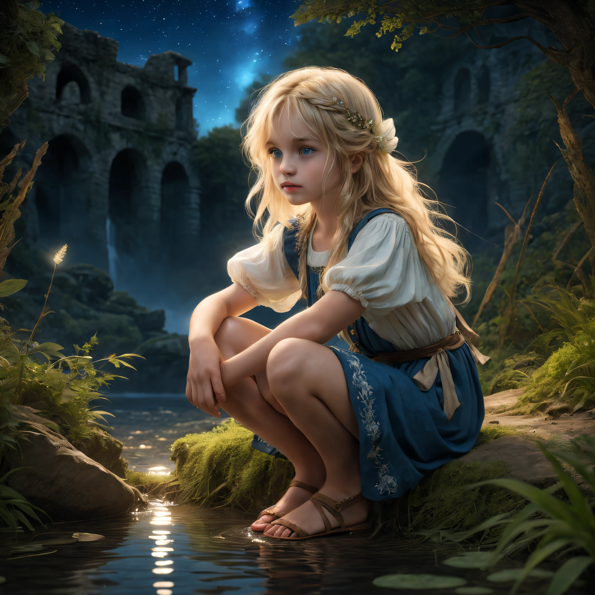 tmasterpiece,Best quality at best,high high quality,extremely detaile,8K,A small stream flows through a mysterious wood,Beautiful girl, (), Blonde, Blue-eyed, hair adornments, (((squatt))), (retro dress,White fabric,, ,sandals, ((Close-up of a person, )), Ancient ruins eroded by vegetation, Girl squatting at the water's edge,Magic light, Starry sky, wind blown, Environmental occlusion, Halo