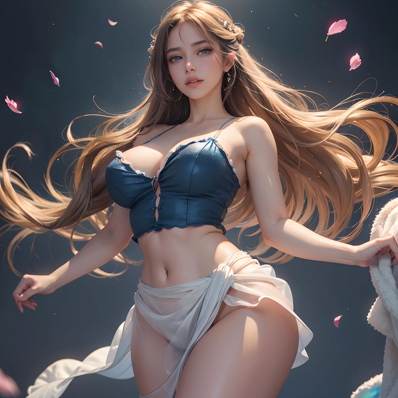 finest image, (8k, RAW photo, realistic), detailed and delicate depiction and flashy and dynamic painting method, beautiful cute woman, sparkling blue big eyes, long eyelashes, double eyelids, light brown flowing layered braided bangs hair, amorous expression, lewd expression, huge breasts, abs, slender, perfect proportion, red alluring moist big thick lips, large loose fluffy girly camisole dress, blurry background fantasy, falling petals, iridescent golden particles