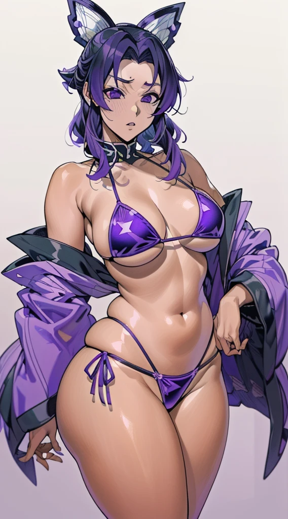(melhor qualidade:1.3), (qualidade 4K), Shinobu Kocho for Demon Slayer, (((cabelo roxo e preto))), ((Rosto detalhado)), ((body curvy)), (peitos grandes), clivagem, sexy, ((thong purple latex bikini)), ((Floresta))