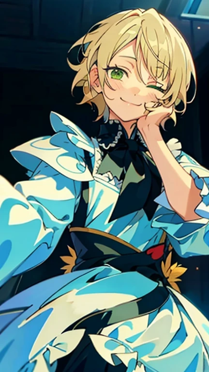 aira shiratori, green eyes, smile, blonde hair, detailed eyes, detailed face, fairy, frilly dress, one eye closed