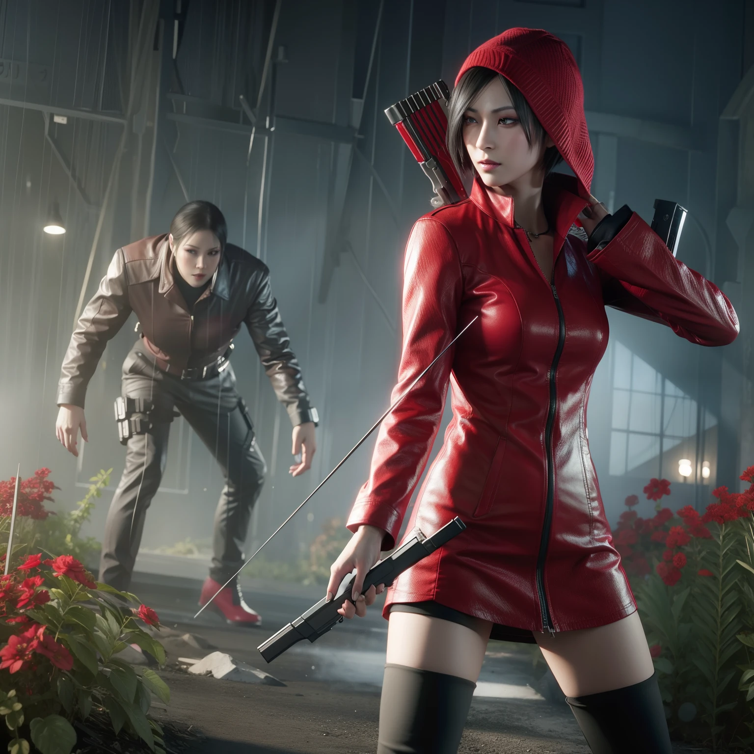 HD, ada wong, beautiful face, bob hair, red coat with black nail polish, glare, holding a gun