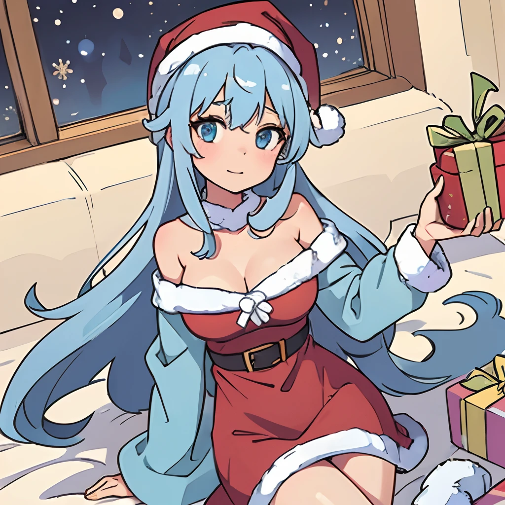 Girl with long light blue hair opening present on Christmas’s, adult, medium size breast, wearing Christmas hat