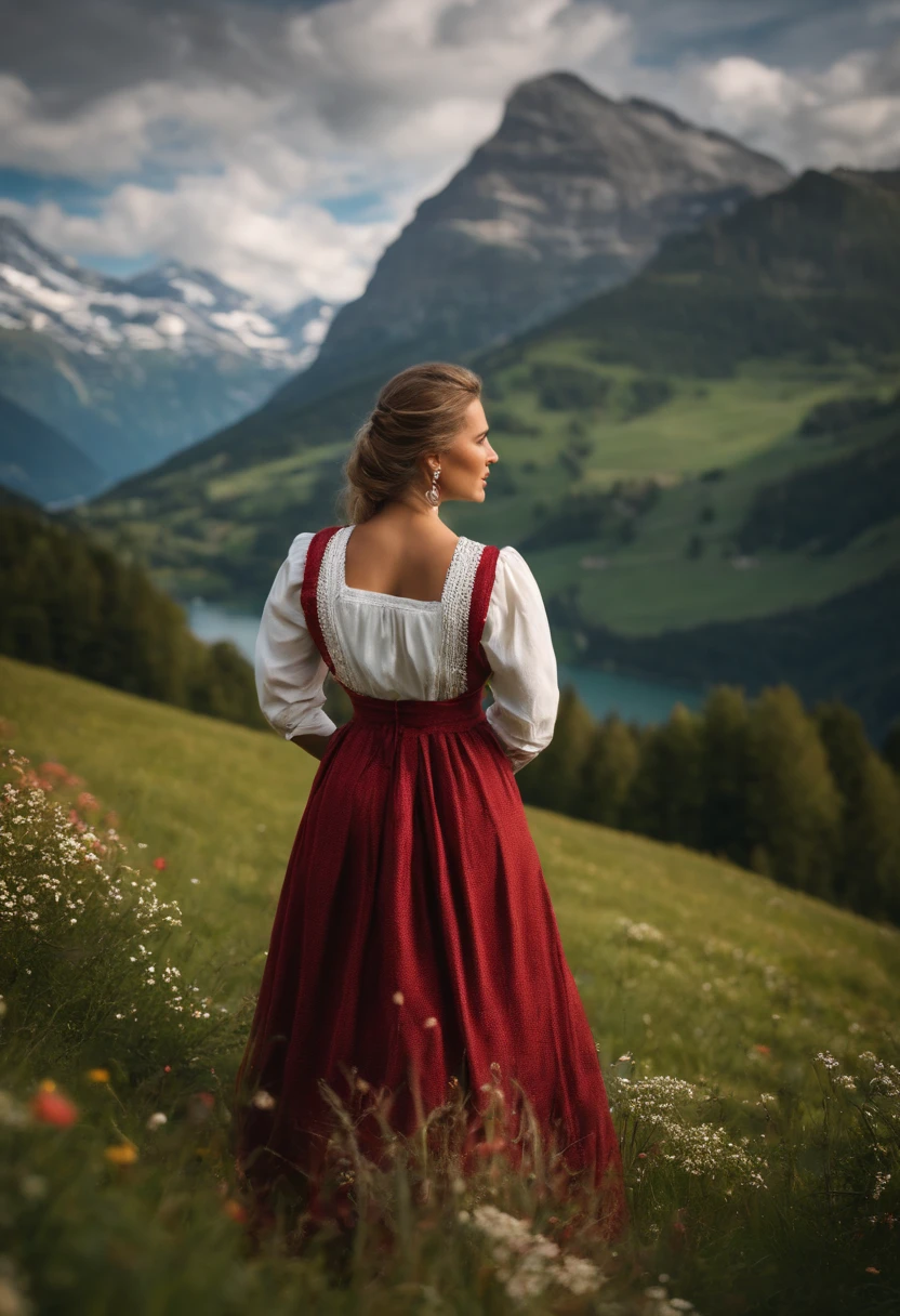 Switzerland nature. Swiss woman in traditional dress showing back pose, big boobs , big booty. --realistic, -8K