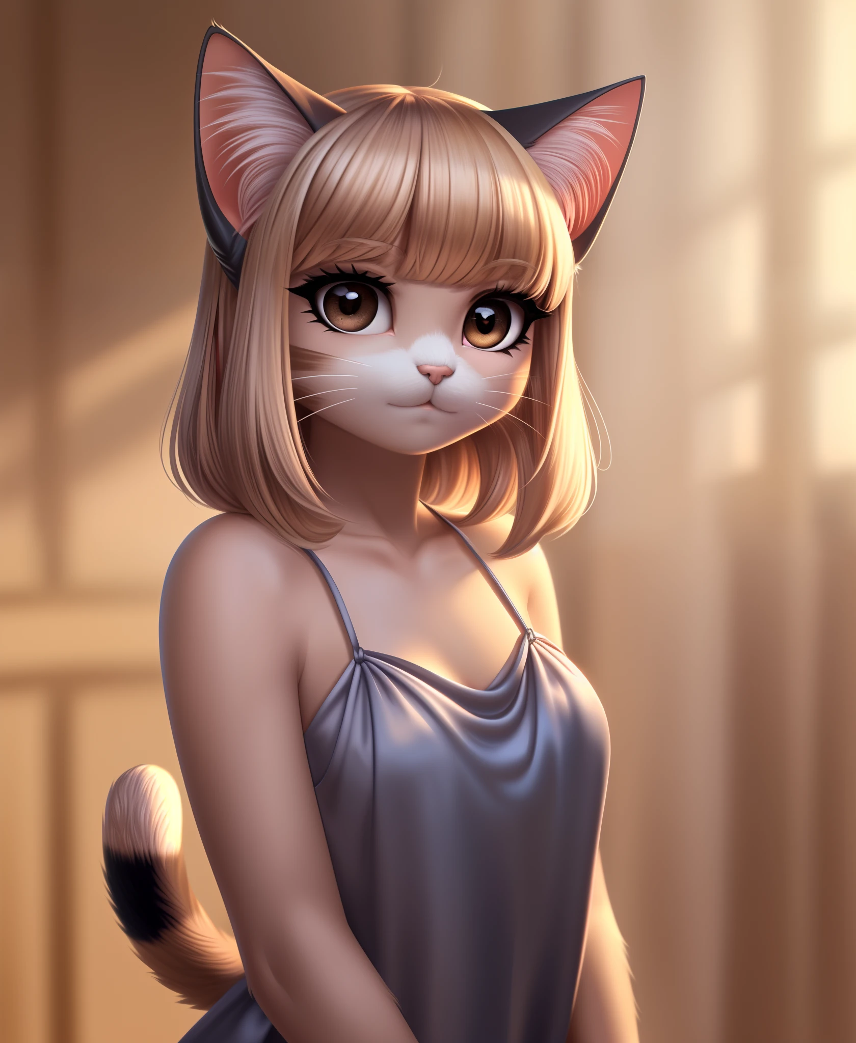 (1girl, solo), (masterpiece, best quality, ultra-detailed), (full body)
(simple background, natural lighting, intricate details), 
(humanoid face, cute female anthro cat, (detailed silky cat fur:1.2), (cat fur), cat ears and pink nose),
(platinum blonde colored hair, bangs hair, detailed humanoid glossy brown eyes, full lashes, thick eyebrows),