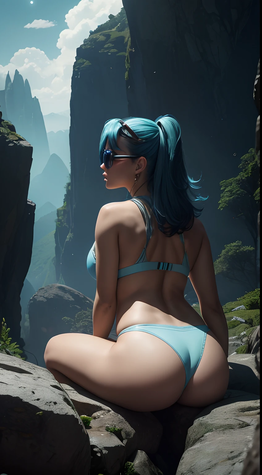 Masterpiece, analog style, bldrnrst, (35mmstyle:1), film-like, rear angle photo of (effortlessly beautiful [cyborg|woman] space outlaw, wearing light blue bikini bottom and [Cyberpunk|Dieselpunk] crew uniform, accentuated booty), ((aviator sunglasses, light blue:1.3, translucent)), (perfect face:1.2), looking back at viewer, (detailed skin), realistic skin texture, [[imperfect skin]], fine details, BREAK
(Sitting on rocky outcrop on brink of tall mountain with grand and imposing tropical rainforest on alien planet in the background), (sci-fi), (mountains:1.1), lush green vegetation, vivid details, beautiful colors, [ambient light], (two moons and majestic galaxy in the night sky above in background), [fantasy|scifi]_(setting), BREAK
(lens flare:0.7), (bloom 0.6), particle effects, beautiful cinematic light, shallow depth of field, photographed on a Hasselblad X1D II 50c, 90mm f/2.8 cine lens, sharp focus, cinestill 800T, (highly detailed, intricately detailed), HDR, 8k, cinematic film still from [gravity|westworld], from behind, wide ass