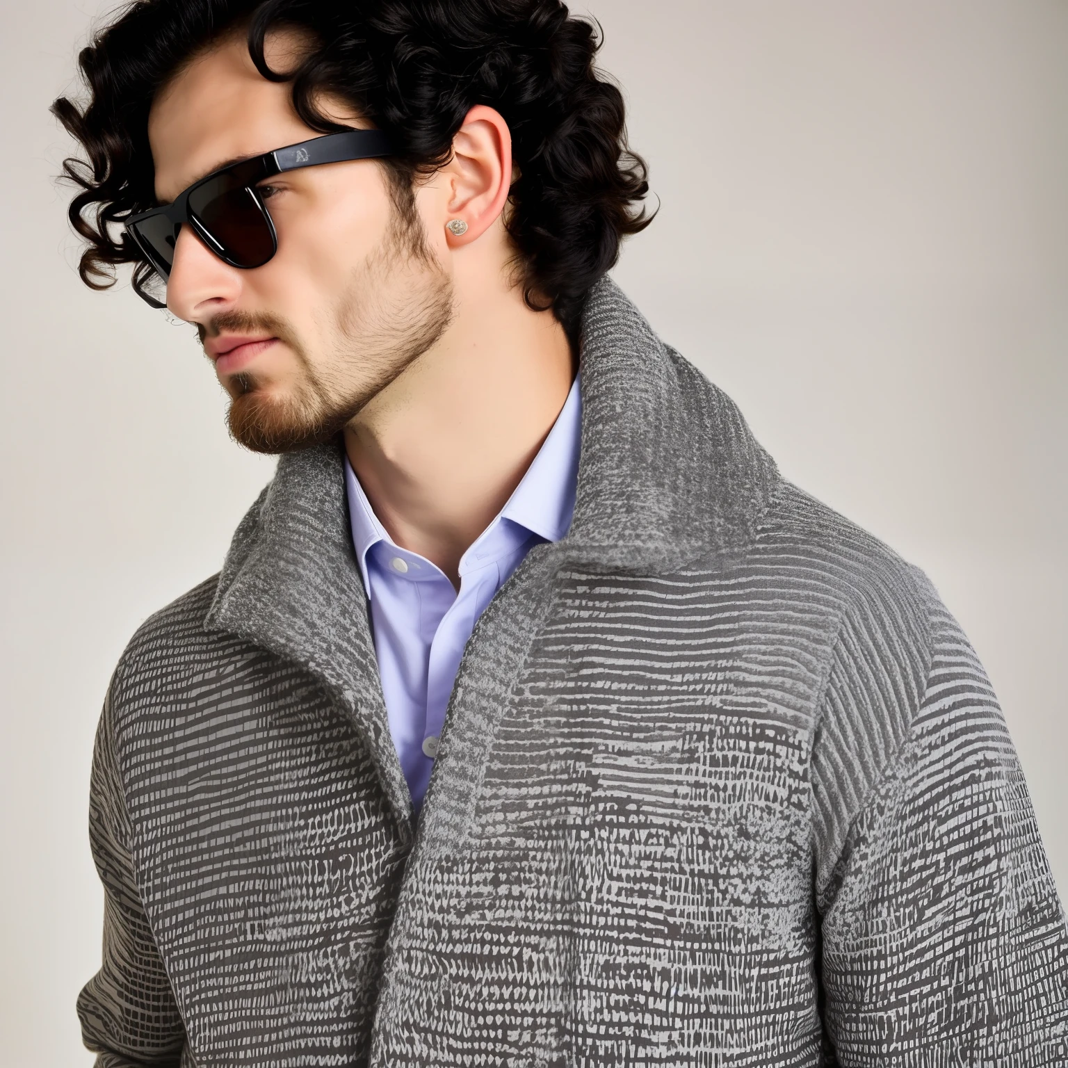 Deux hommes amoureux l'un de l'autre, un petit aux cheveux blancs et au pull violet, jeune, a tall man with curly black hair, costaud et aux lunettes, imposant, au manteau beige