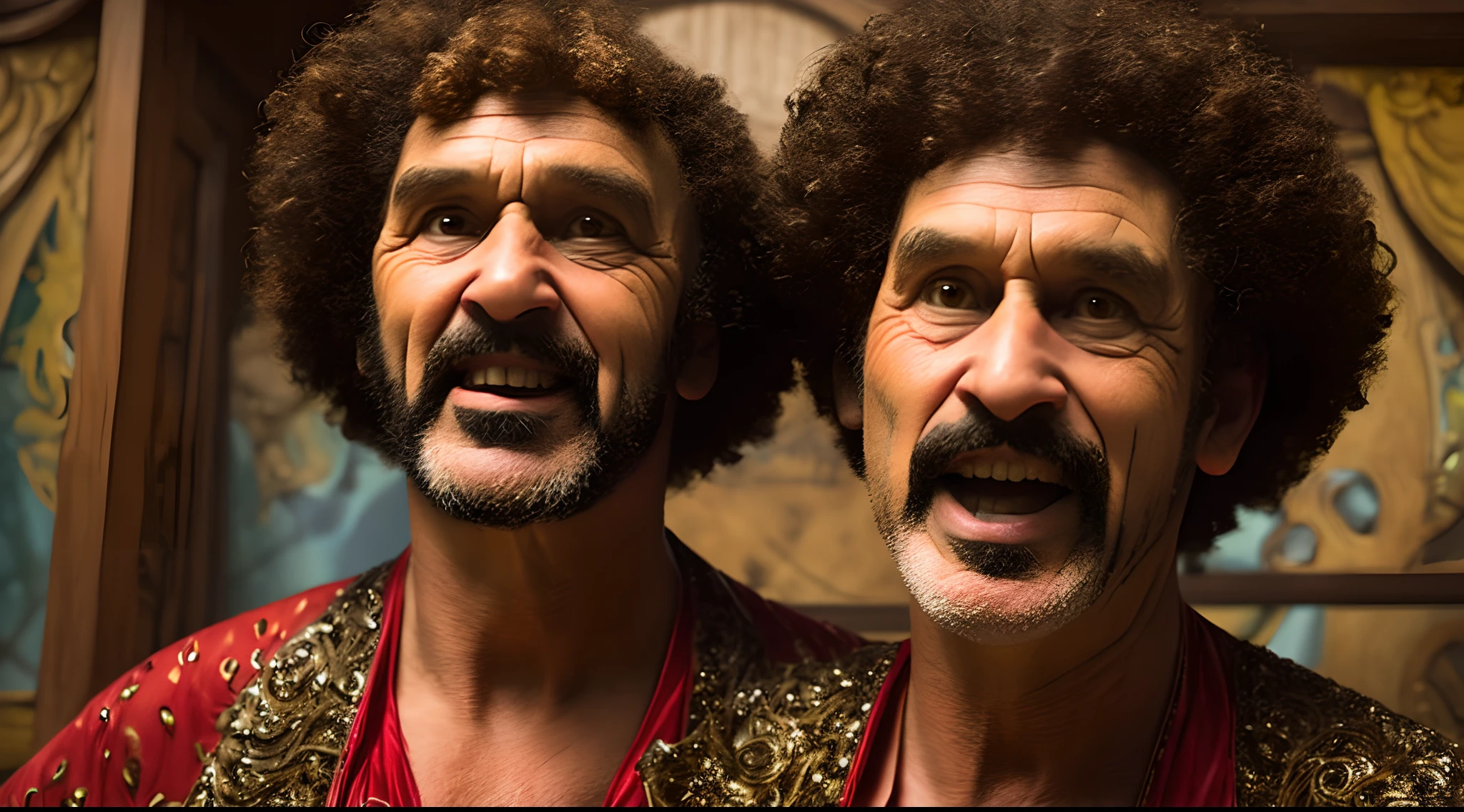 Hyper-realistic image of a smiling rainbow-haired bodybuilder clown superhero hugging a very old and very sweaty friend, over 80 years old, very muscular and fat, over 200 kilos with a bare torso, large and flaccid pectorals, brown nipples and big rainbow mustaches with huge tattooed arms surrounded by many balloons dressed in colorful clown pants with argyles and a huge rainbow afro wig on his head.