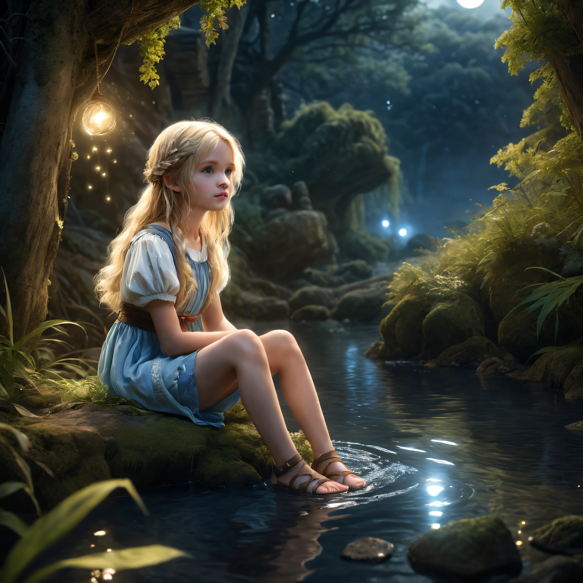 tmasterpiece,Best quality at best,high high quality,extremely detaile,8K,A small stream flows through a mysterious wood,Beautiful girl, (), Blonde, Blue-eyed, hair adornments, (((squatt))), (retro dress,White fabric,, ,sandals, ((Close-up of a person, )), Ancient ruins eroded by vegetation, Girl squatting at the water's edge,Magic light, Starry sky, wind blown, Environmental occlusion, Halo