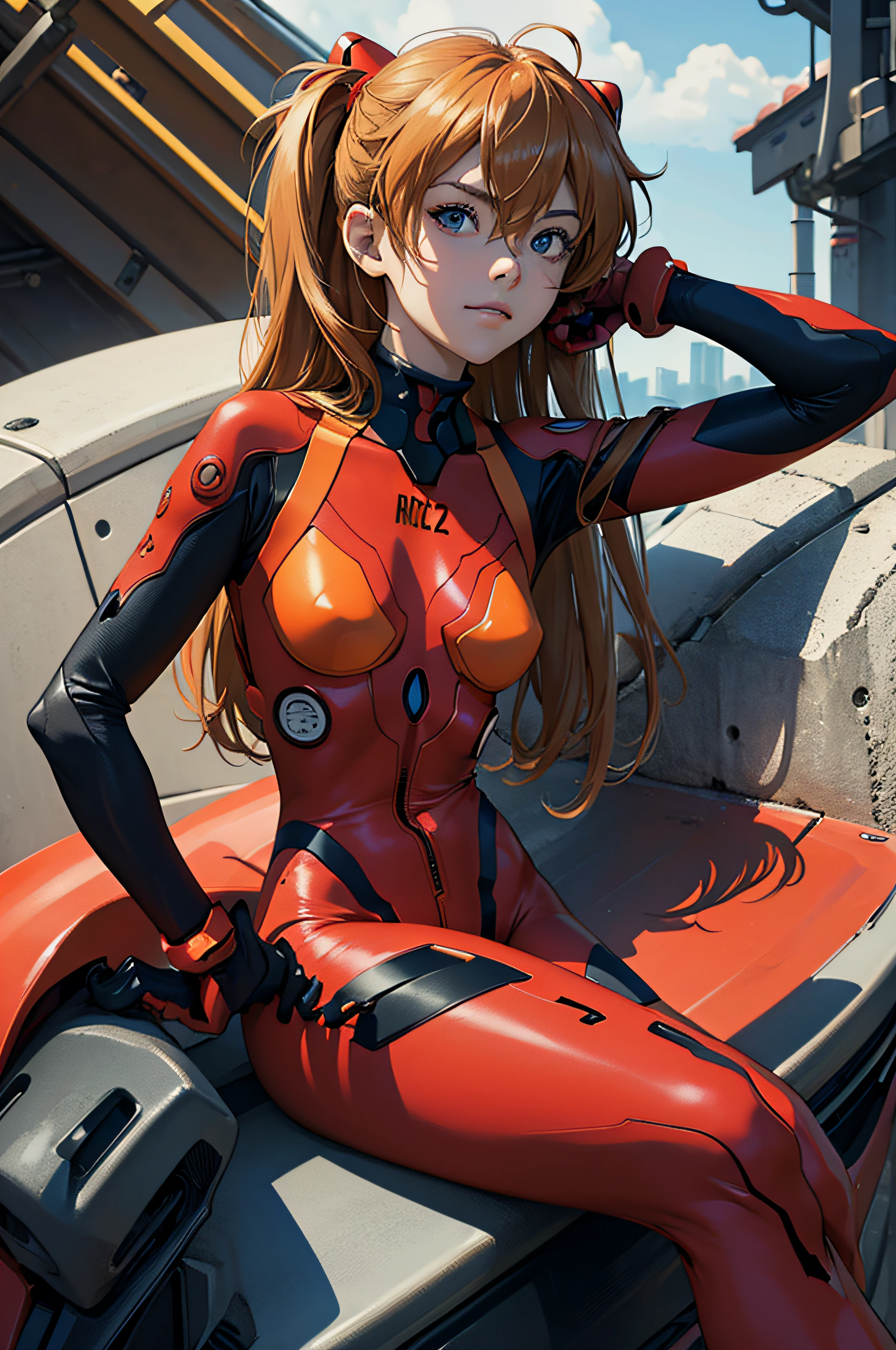 (masterpiece), best quality, expressive eyes, perfect face, 1girl, solo, souryuu asuka langley, interface headset, red bodysuit, serious eyes, slight smile, crossed legs, laboratory background, sitting, character sheet, upper body, portrait, looking at the viewer,