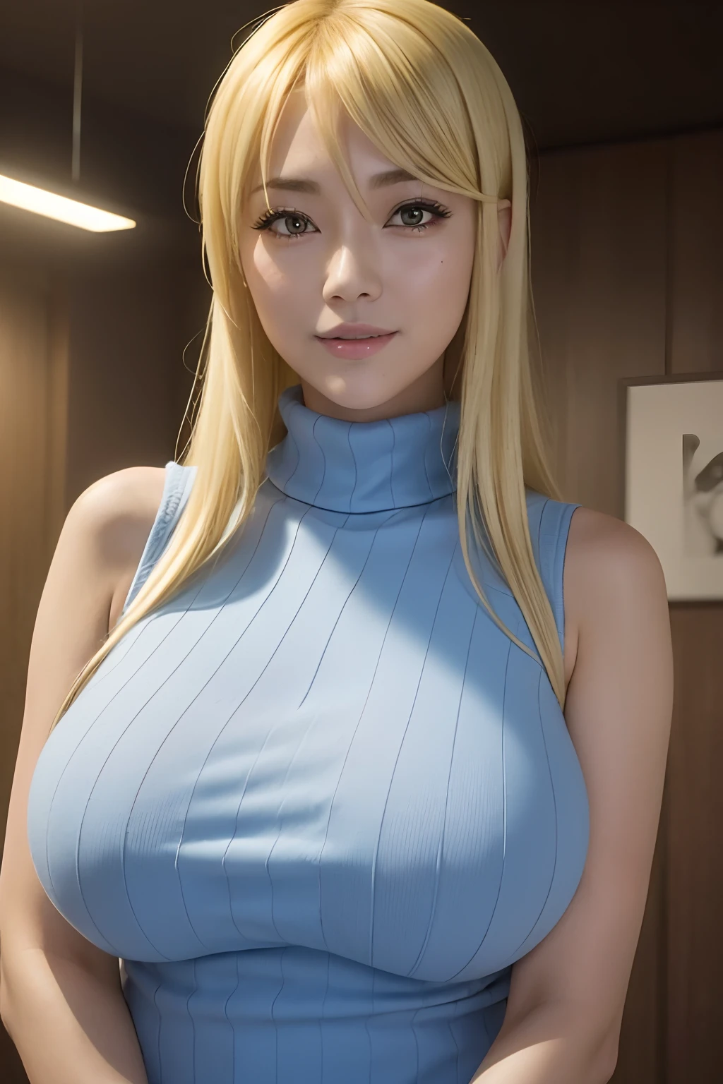 80's_jiaopian, 1girl, blonde hair, ((realistic)), ((photorealistic)),((high-res, masterpiece, best quality, cinema lighting)), masterpiece, best quality:1.2), upper body, solo, 1girl, smile, closed mouth, masterpiece, best quality, 4k, photograph, cinemtaic lighting, modelshoot, perfect lighting, perfect detailed face, professional photoshoot, seductive smile, wide hips, thick thighs, short female,(((gigantic breasts))),((((shizuka marikawa)))), blonde hair, blue turtle neck sweater, sleeveless, realistic,(((beautiful))),japanese female,((mature female 1.3))