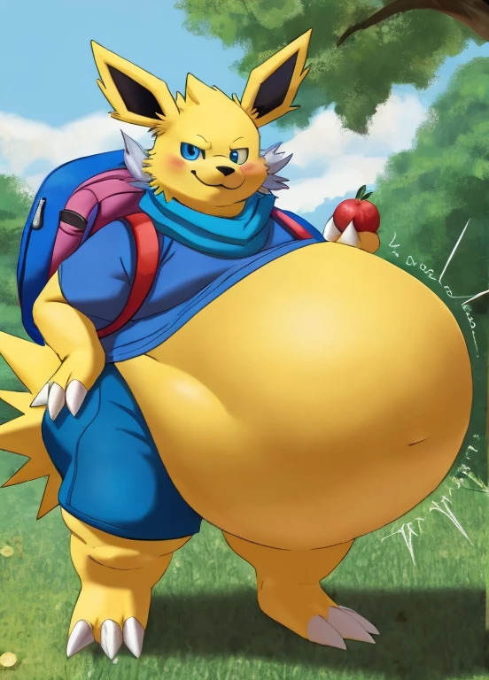 solo, jolteon, anthro, male, chubby cheeks, overweight, big belly, wearing blue bandana, wearing backpack, holding fruit, looking at viewer, confident, outdoors, standing, daytime