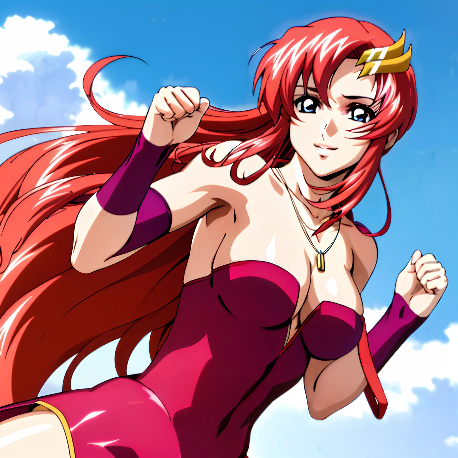 (masterpiece, upper body view, 4K, Best Quality, Anime style: 1.9, far view, Adult Woman, ultra detailed face, (cloud background, wrestling), Drawing lines, high resolution, Anime, lacus4), 1girl, Solo, curvy figure, Long hair, 鎖骨, scapular, (Detailed wide hair bangs, Hair Ornament, Detailed reddish-pink hair, shiny streaks, golden crest), cleavage, large hands, (female wrestler). (Big blue eyes, shiny eyes), ((female wrestler, slender body, broad shoulders, little biceps, closed fists, thighs)), ((perfect proportions, medium breasts, long belly)), (((red strapless wrestling gear, necklace))), happy, smile, (standing, looking at the viewer)
