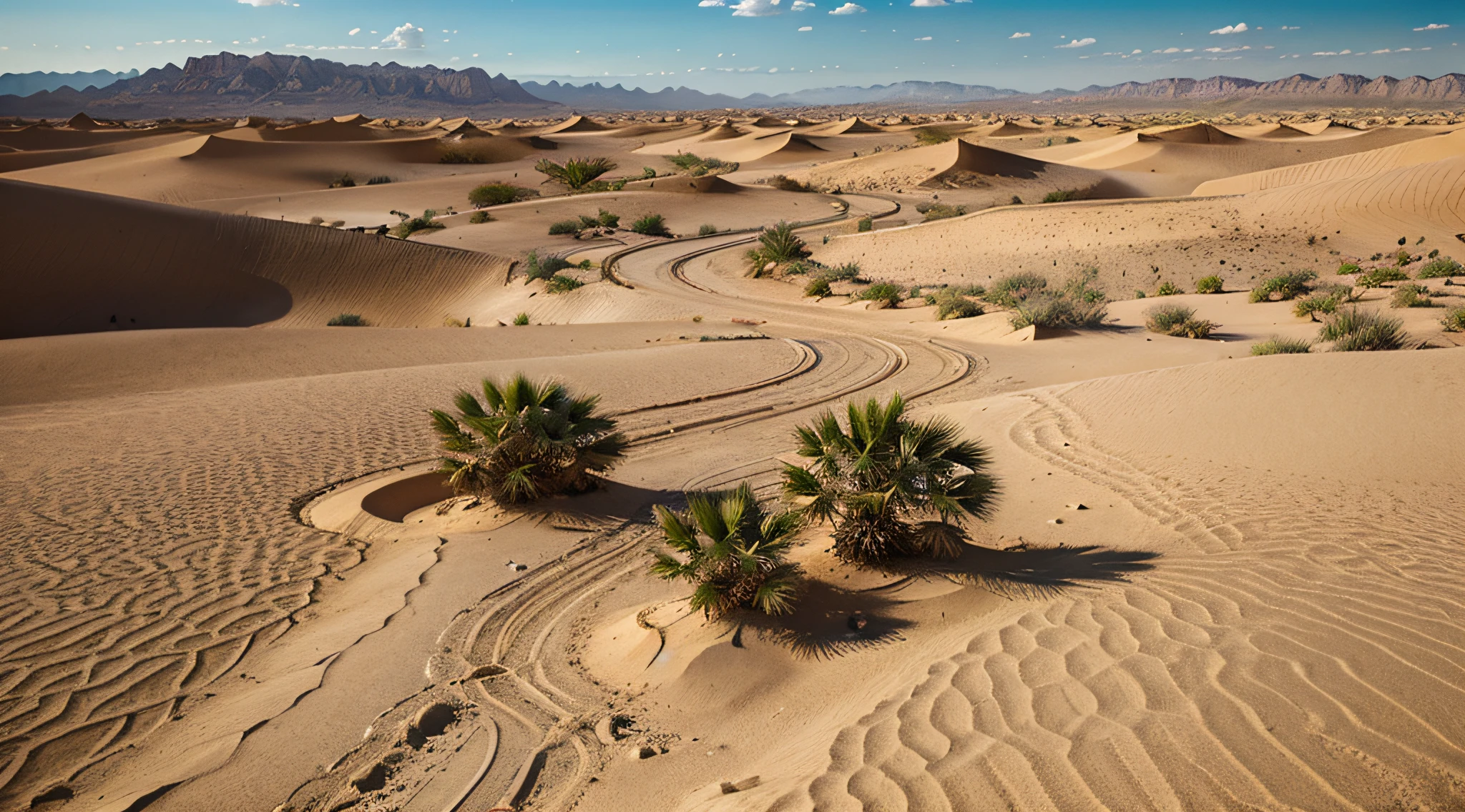 Visualize an unforgiving desert landscape, with warm sands stretching as far as the eye can see. The desert sun shines in the sky, Casting heat and distortions on the arid landscape.
Feel the hot, arid wind sweeping across the desert, kicking up small clouds of sand in the air and creating rippling patterns in the dunes. The sand should be so realistic that it feels palpable, com texturas granulares e detalhes minuciosos.
No horizonte, em contraste com o deserto escaldante, A magnificent oasis emerges. This oasis is a verdant, lush haven, com palmeiras altas, a pool of crystal clear water and a feeling of freshness and life. The leaves of the palm trees should sway gently in the breeze and the water of the oasis should reflect the sky accurately.
The image should capture the extreme aridity of the desert and the majesty of the oasis, with meticulous attention to landscape detail and a cinematic atmosphere that transports the viewer to this arid environment, but at the same time magical.
Image quality should be as high as possible, com cores realistas, immersive lighting and a visual representation that seems to jump off the screen. Certifique-se de que o vento, as texturas da areia, The palm trees and water of the oasis are reproduced with a remarkable level of realism.