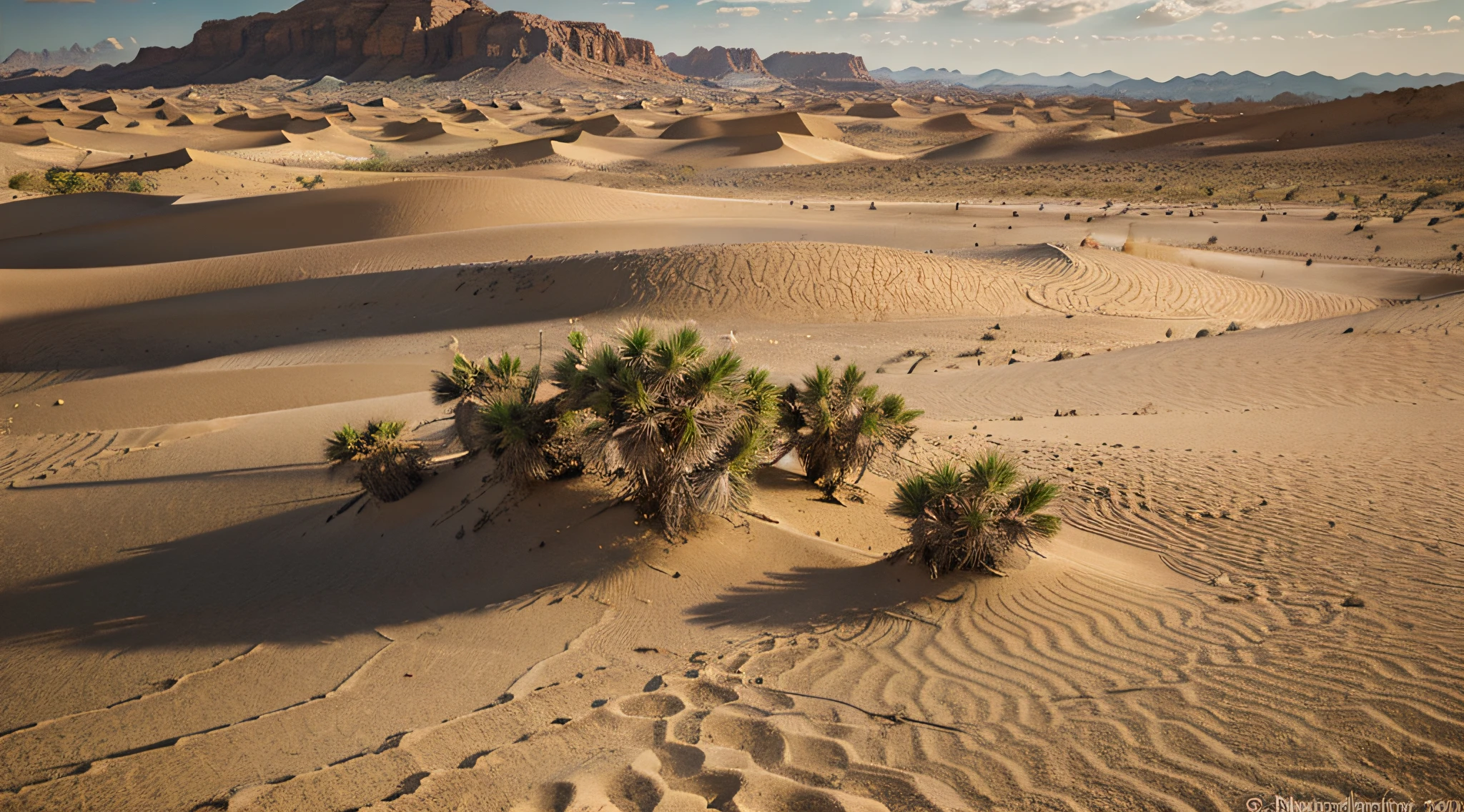 Visualize an unforgiving desert landscape, with warm sands stretching as far as the eye can see. The desert sun shines in the sky, Casting heat and distortions on the arid landscape.
Feel the hot, arid wind sweeping across the desert, kicking up small clouds of sand in the air and creating rippling patterns in the dunes. The sand should be so realistic that it feels palpable, com texturas granulares e detalhes minuciosos.
No horizonte, em contraste com o deserto escaldante, A magnificent oasis emerges. This oasis is a verdant, lush haven, com palmeiras altas, a pool of crystal clear water and a feeling of freshness and life. The leaves of the palm trees should sway gently in the breeze and the water of the oasis should reflect the sky accurately.
The image should capture the extreme aridity of the desert and the majesty of the oasis, with meticulous attention to landscape detail and a cinematic atmosphere that transports the viewer to this arid environment, but at the same time magical.
Image quality should be as high as possible, com cores realistas, immersive lighting and a visual representation that seems to jump off the screen. Certifique-se de que o vento, as texturas da areia, The palm trees and water of the oasis are reproduced with a remarkable level of realism.