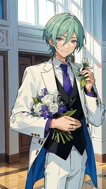 tatsumies, purple eyes, looking at viewer, smile, :3, blue eyes, black suit, long sleeves, hair between eyes, white shirt, male focus, earrings, pants, indoors, white suit, windows, holding flowers, watch, white pants, wedding suit, necktie