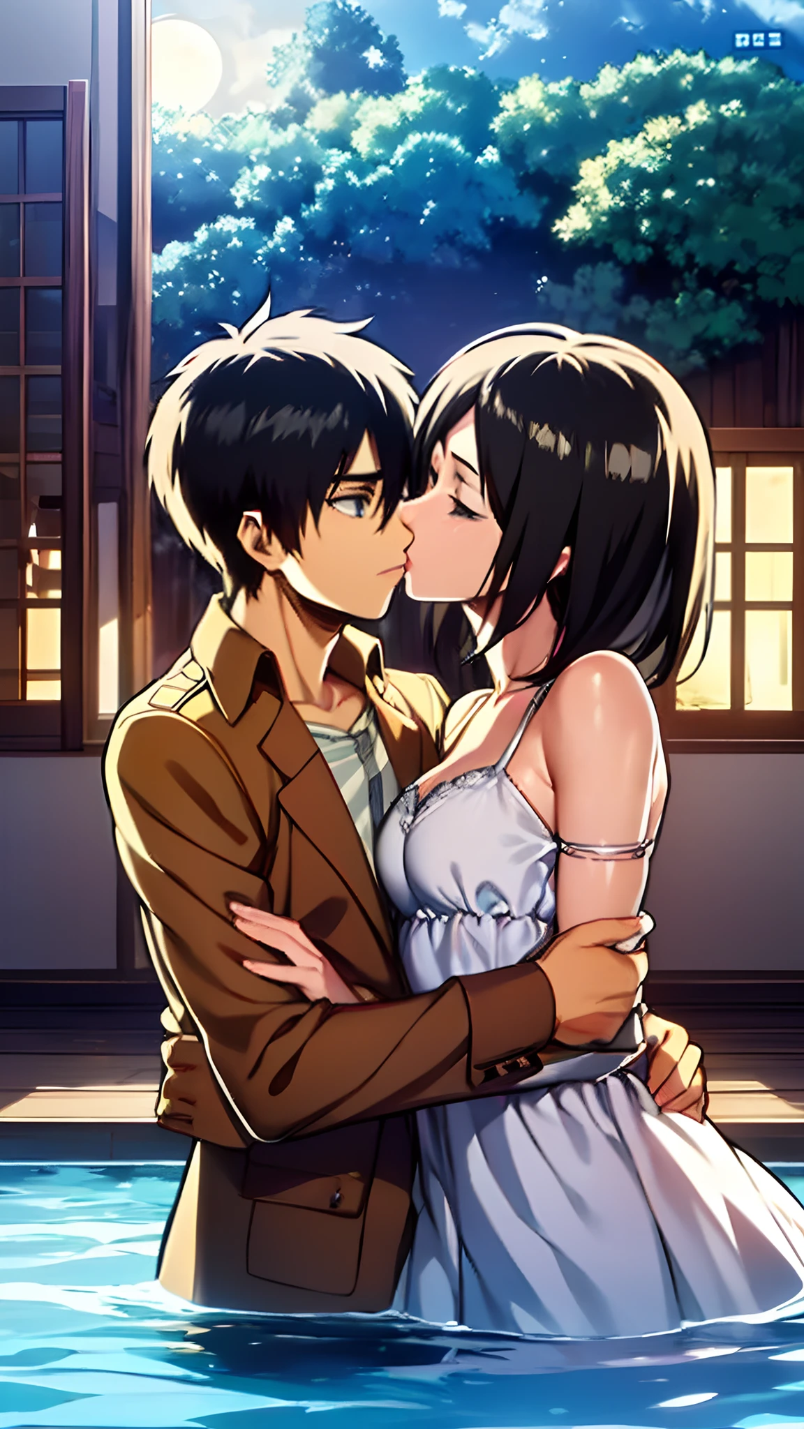 Eren Yeager (Left) and Mikasa Ackerman (Right), In water, Kissing, Couple, Moonlight, Romantic, Anime wallpaper, Perfect lighting, Masterpiece