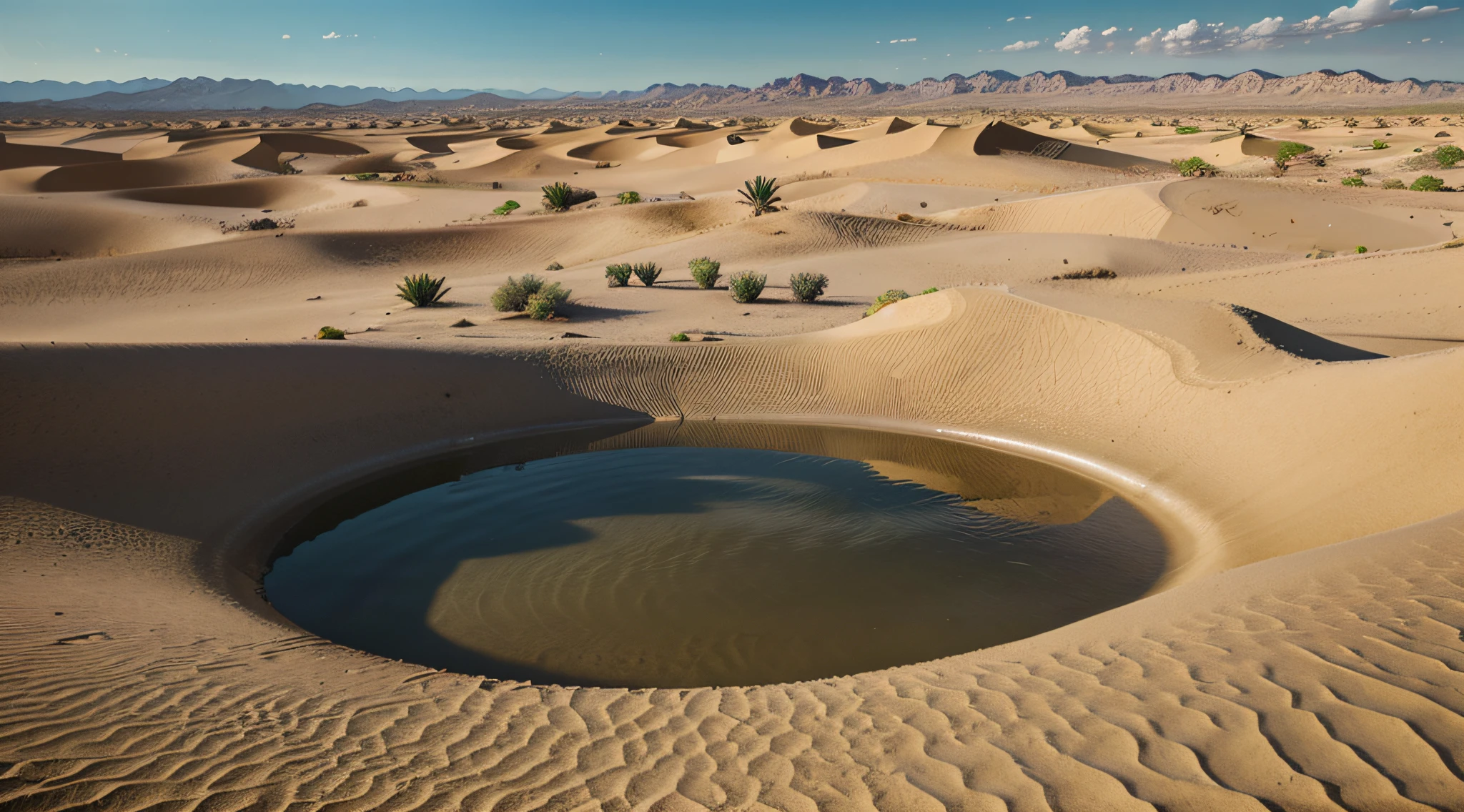 Visualize an unforgiving desert landscape, with warm sands stretching as far as the eye can see. The desert sun shines in the sky, Casting heat and distortions on the arid landscape.
Feel the hot, arid wind sweeping across the desert, kicking up small clouds of sand in the air and creating rippling patterns in the dunes. The sand should be so realistic that it feels palpable, com texturas granulares e detalhes minuciosos.
No horizonte, em contraste com o deserto escaldante, A magnificent oasis emerges. This oasis is a verdant, lush haven, com palmeiras altas, a pool of crystal clear water and a feeling of freshness and life. The leaves of the palm trees should sway gently in the breeze and the water of the oasis should reflect the sky accurately.
The image should capture the extreme aridity of the desert and the majesty of the oasis, with meticulous attention to landscape detail and a cinematic atmosphere that transports the viewer to this arid environment, but at the same time magical.
Image quality should be as high as possible, com cores realistas, immersive lighting and a visual representation that seems to jump off the screen. Certifique-se de que o vento, as texturas da areia, The palm trees and water of the oasis are reproduced with a remarkable level of realism.