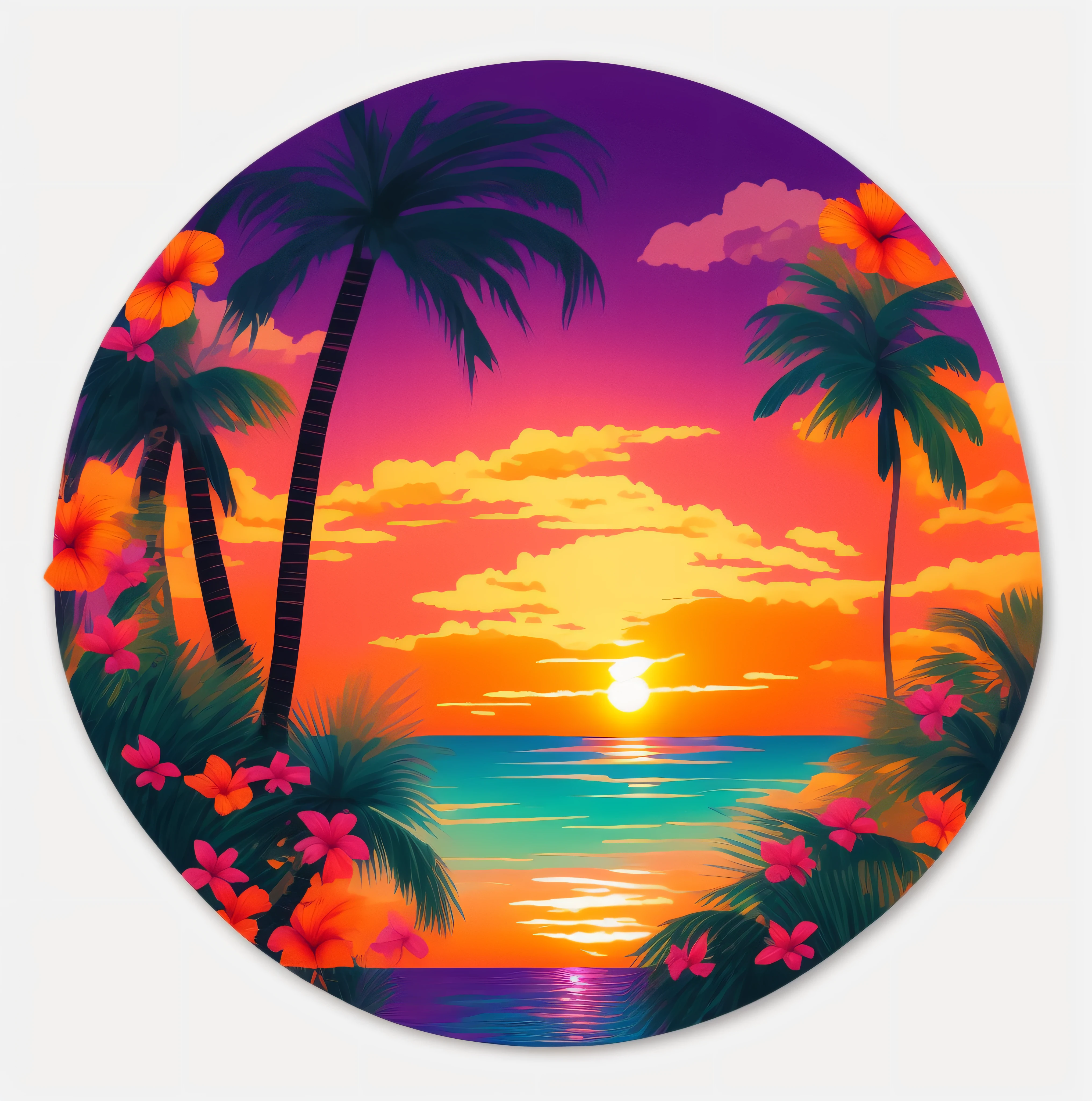 a colorful tropical sunset with palm trees and flowers in a circle, floral sunset, tropical paradise, tropical mood, sticker - art, tropical island, tropical beach paradise, sunset time, sticker design, sunset illustration, tropical beach, tropical atmosphere, colorful sunset, tropical flowers, sunset glow, summer sunset, tropical landscape, sunset view, tropical, at a tropical beach, nice sunset