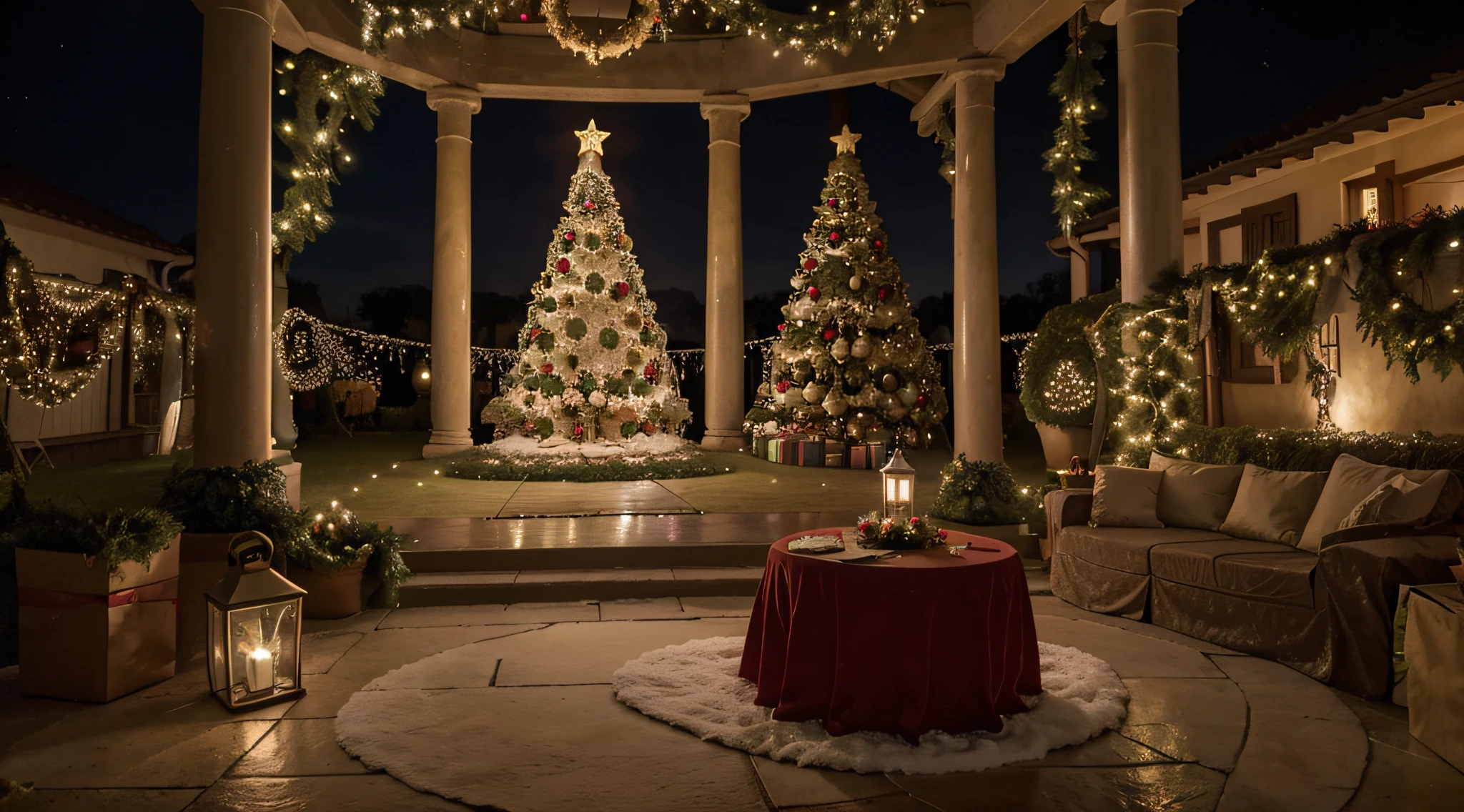 Draw a Christmas scene that emanates a sense of pure joy and family warmth. Imagine uma sala de estar decorada de forma festiva, with a resplendent Christmas tree in the center, iluminada por luzes suaves. The tree is richly festooned with colorful and bright ornaments, And underneath it are carefully wrapped gifts. A lareira crepita ao fundo, casting a soft, warm light on the scene. Do lado de fora, a janela revela uma paisagem de inverno, com flocos de neve caindo suavemente. Perhaps a glimpse of Santa Claus or a reindeer-drawn sleigh might be suggested on the horizon, Adding a magical touch to the scene. This image should capture the essence of Christmas, with an emphasis on joy, Togetherness and love in an ultra-realistic and cinematic atmosphere. Be sure to include advanced details that make the scene truly captivating and emotive.